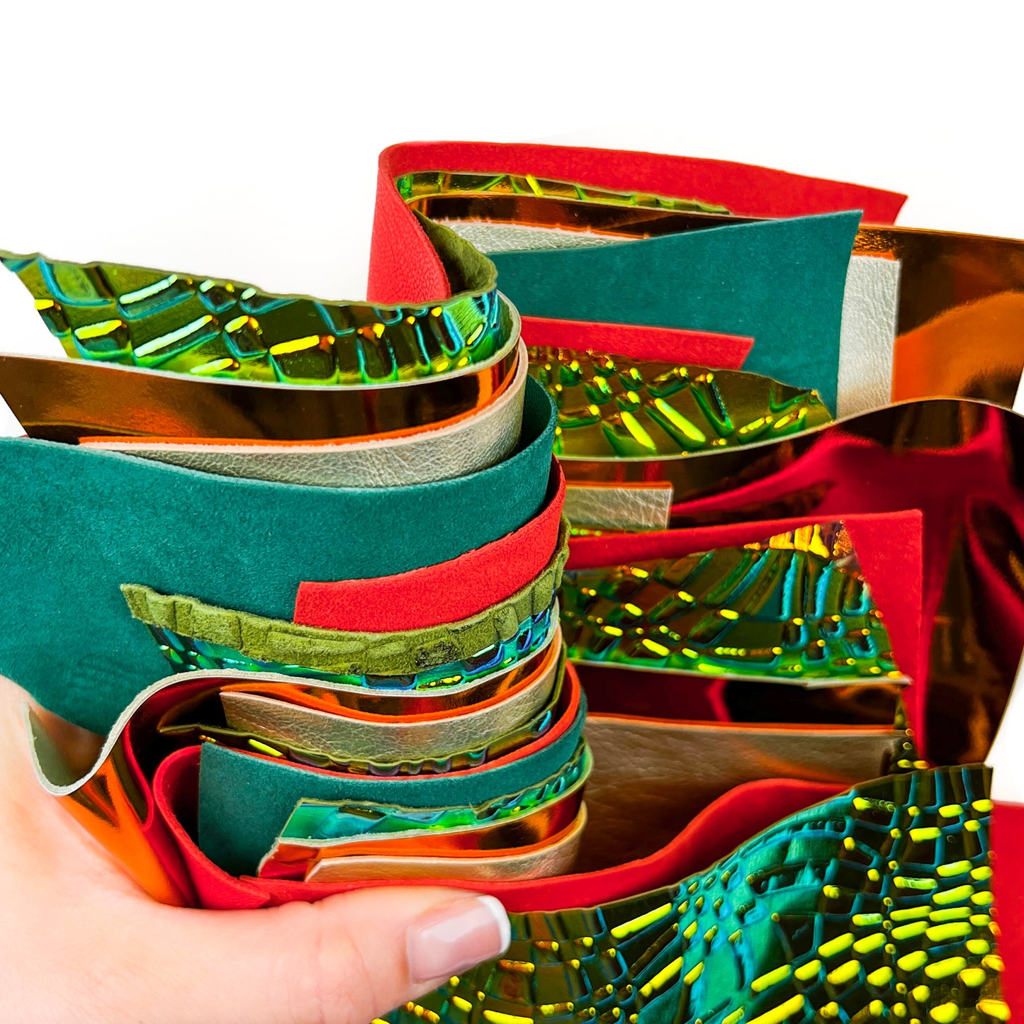 Bright Dark 3D Holographic Orange Red Green Gold Bronze Suede Leather Scraps All Size Pre-cut DIY Sample Mix