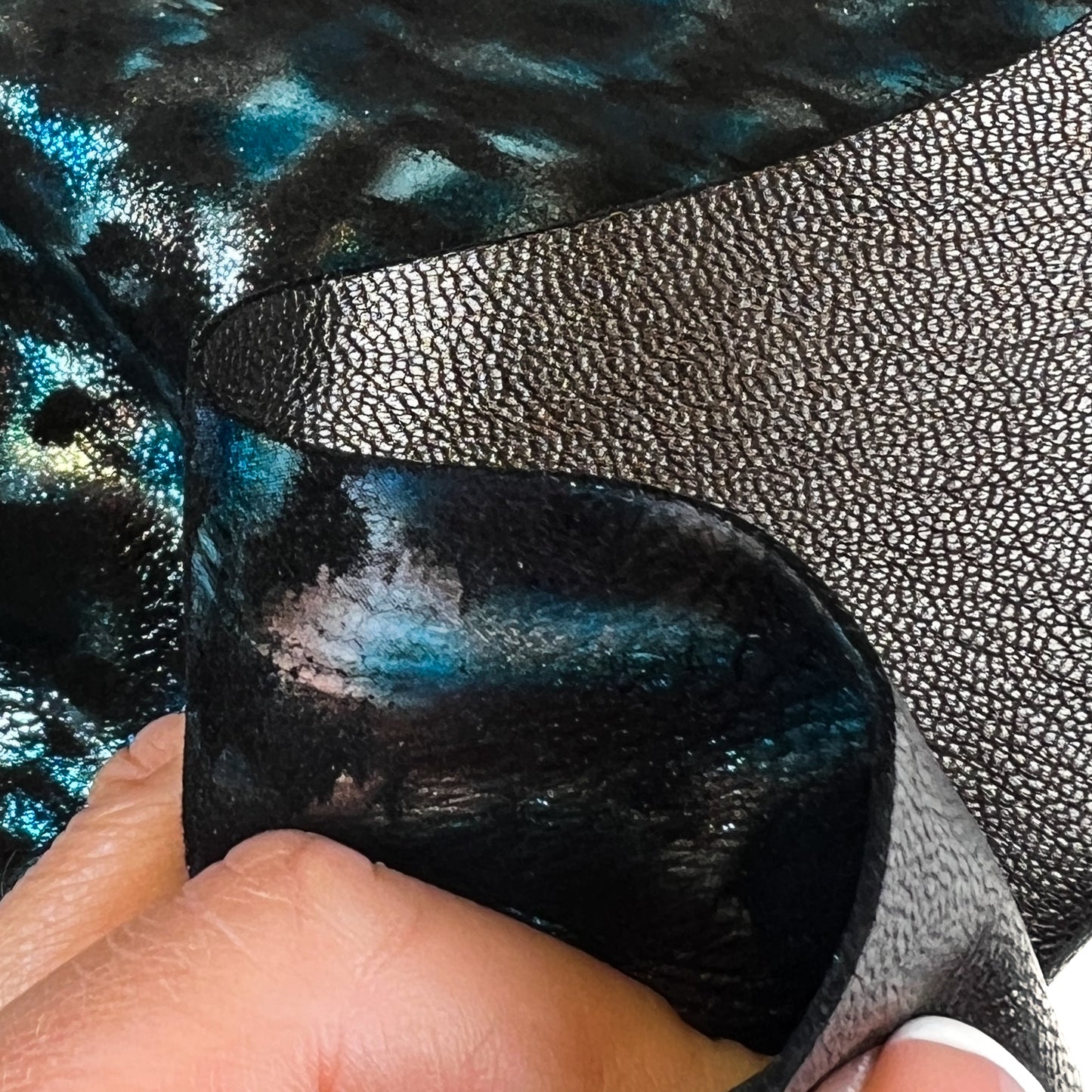 Blue And Silver Shiny Leopard Print on Black Suede Lambskin ~0.8mm/2oz / LEO 1443