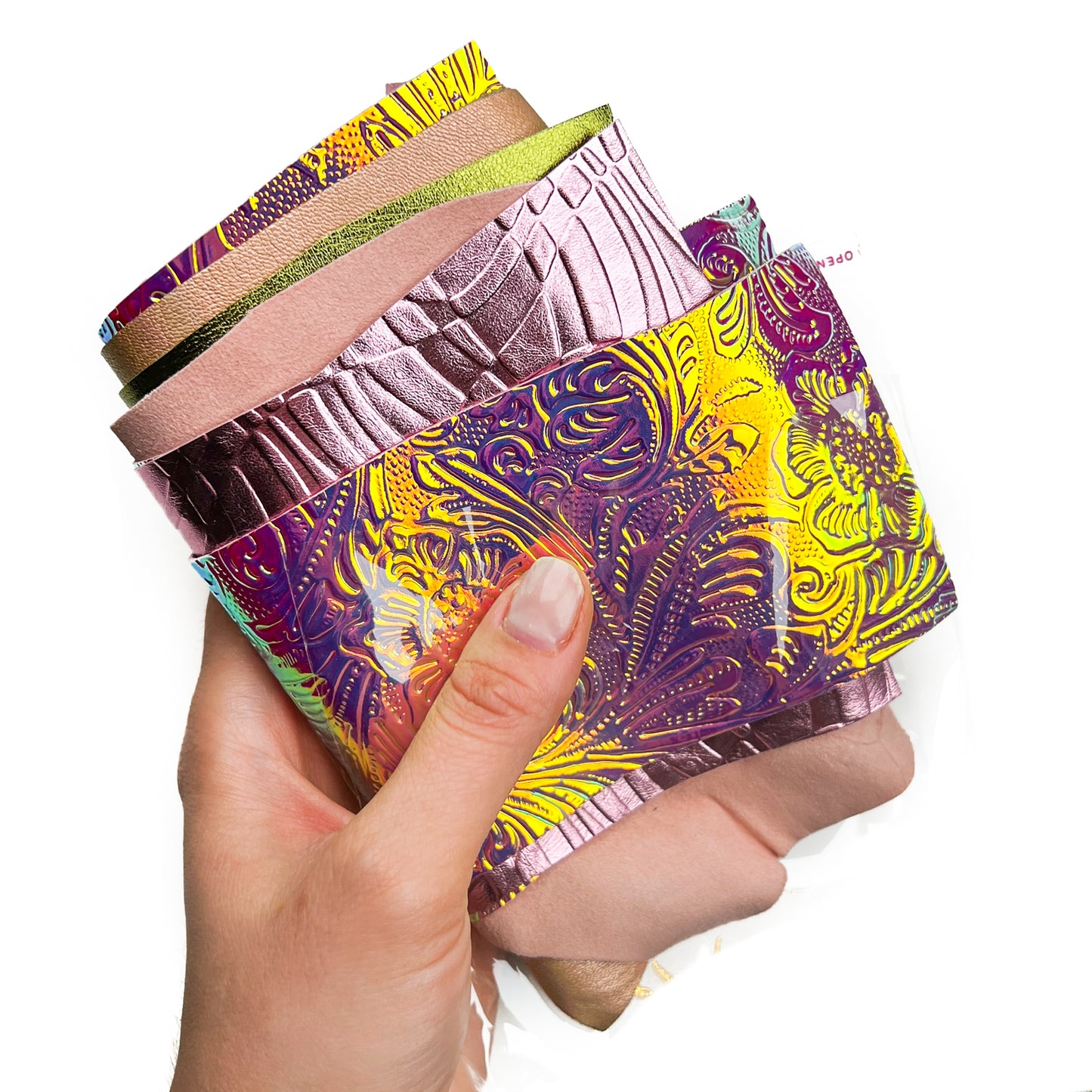 Rose Gold 3D Holographic Metallic Flower Print Leather Scraps All Size Pre-cut DIY Sample Mix