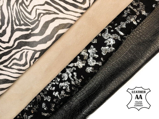 Beige & Black Animal Print Metallic Suede Embossed Leather Bundle Mix of 4 Skins