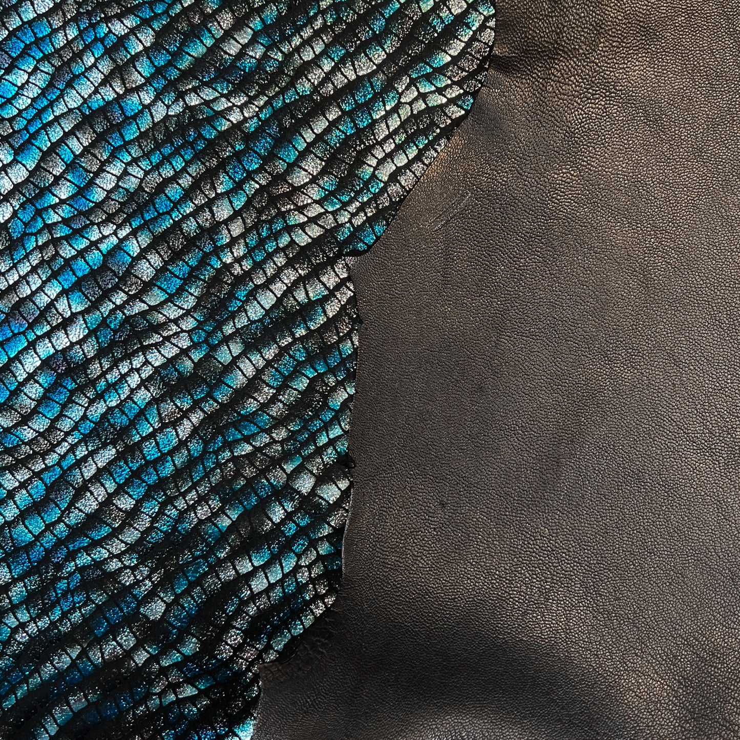 Blue And Silver Shiny Fish Print on Black Suede Lambskin ~0.8mm/2oz / FISH 1443