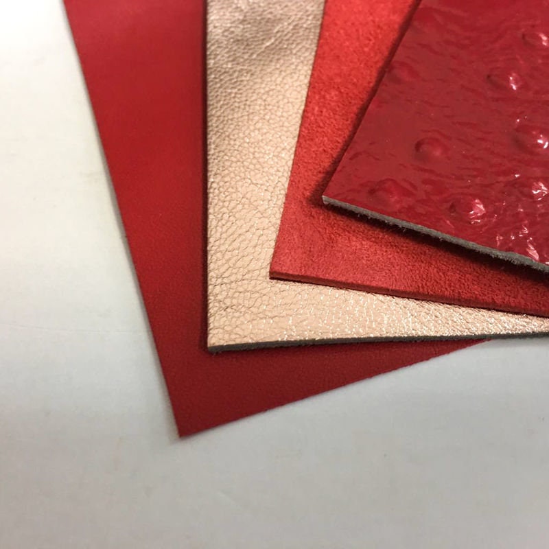 Red & Rose Gold Leather Mix 5x5in Sheets Four Real Pieces