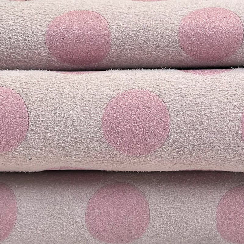 White Lambskin Suede With Pink Dots 1mm/2.5oz DUSTY PINK DOTS 1090