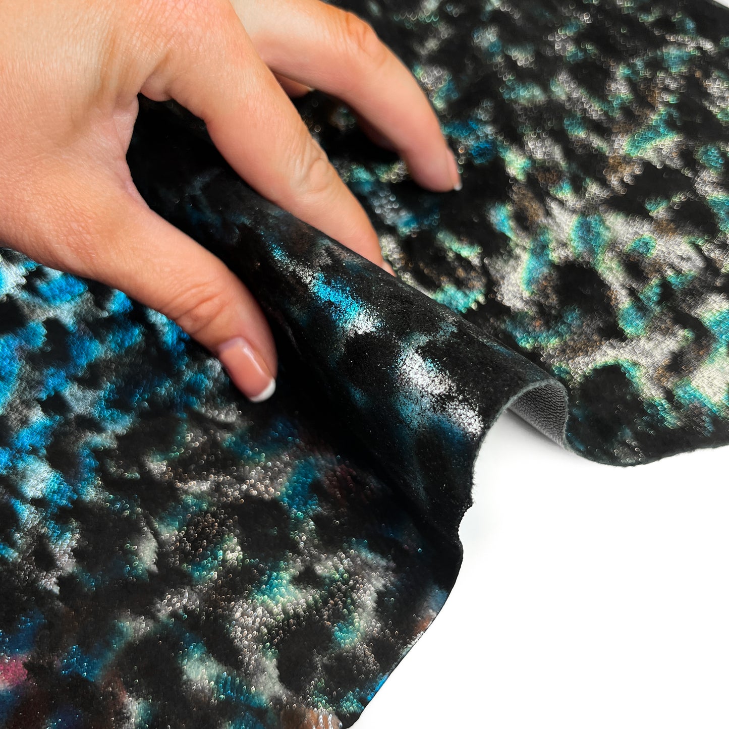Blue And Silver Shiny Leopard Print on Black Suede Lambskin ~0.8mm/2oz / LEO 1443