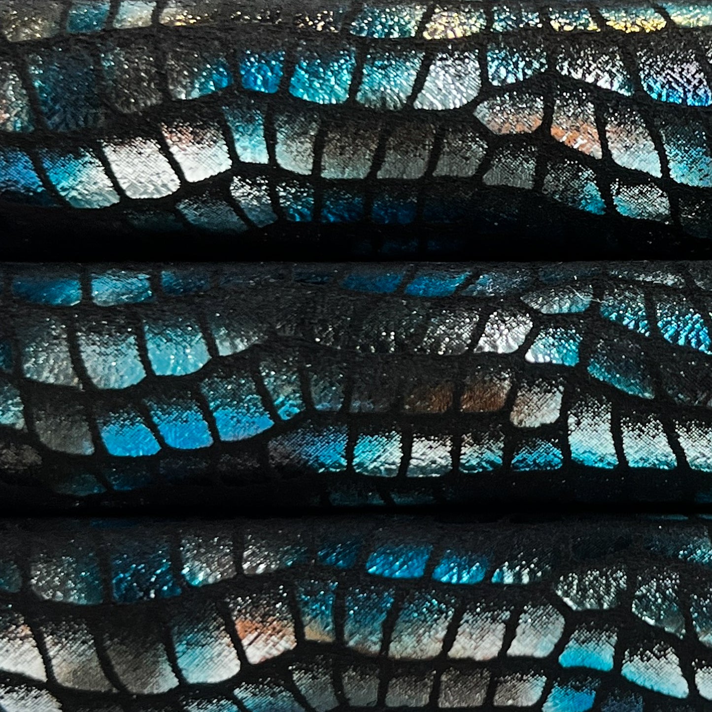 Blue And Silver Shiny Fish Print on Black Suede Lambskin ~0.8mm/2oz / FISH 1443