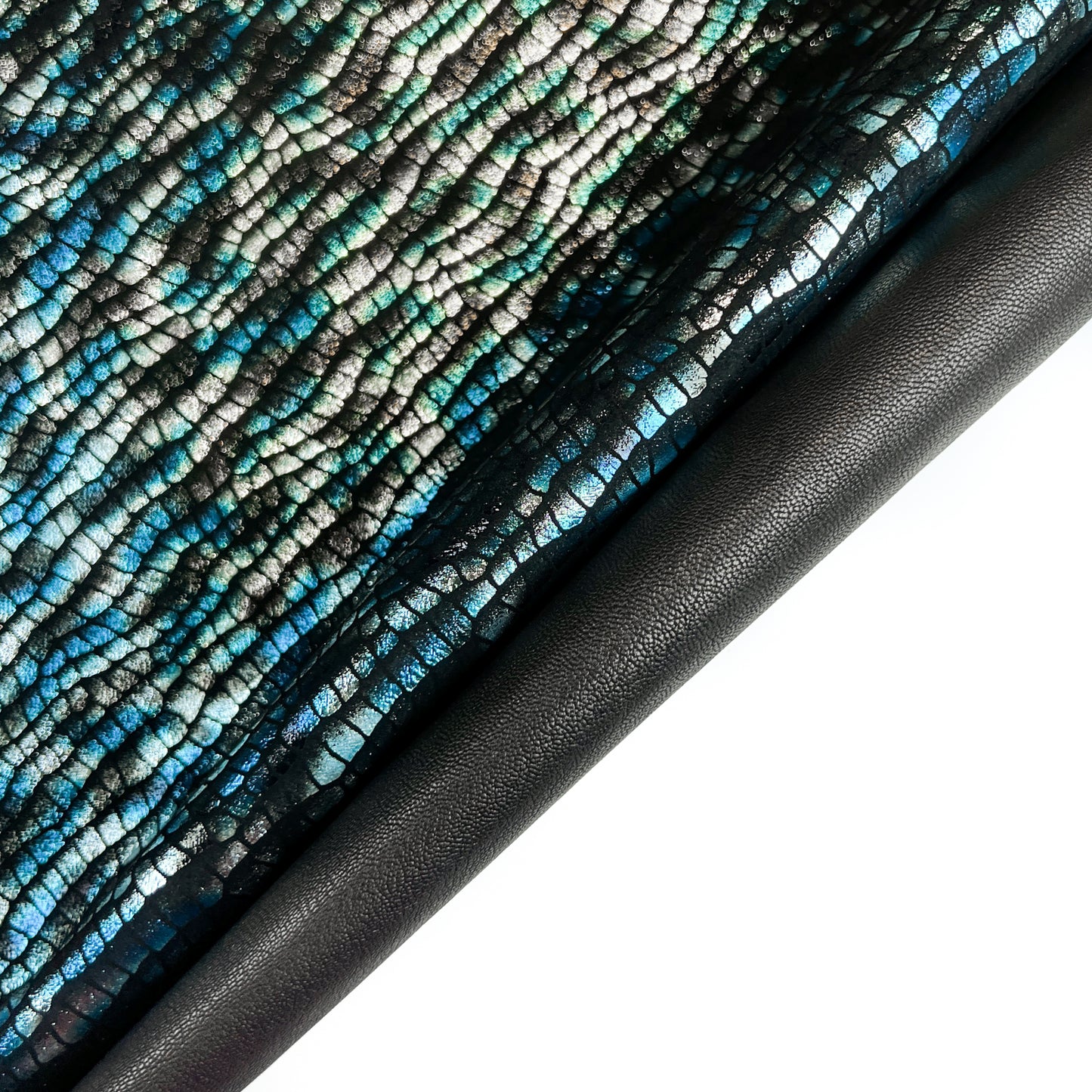 Blue And Silver Shiny Fish Print on Black Suede Lambskin ~0.8mm/2oz / FISH 1443