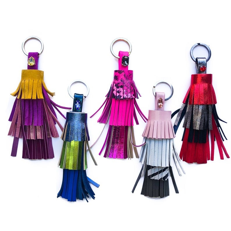 Colorful Leather Keychain  Genuine Swarovski Crystals Lenght 7 in / 17cm