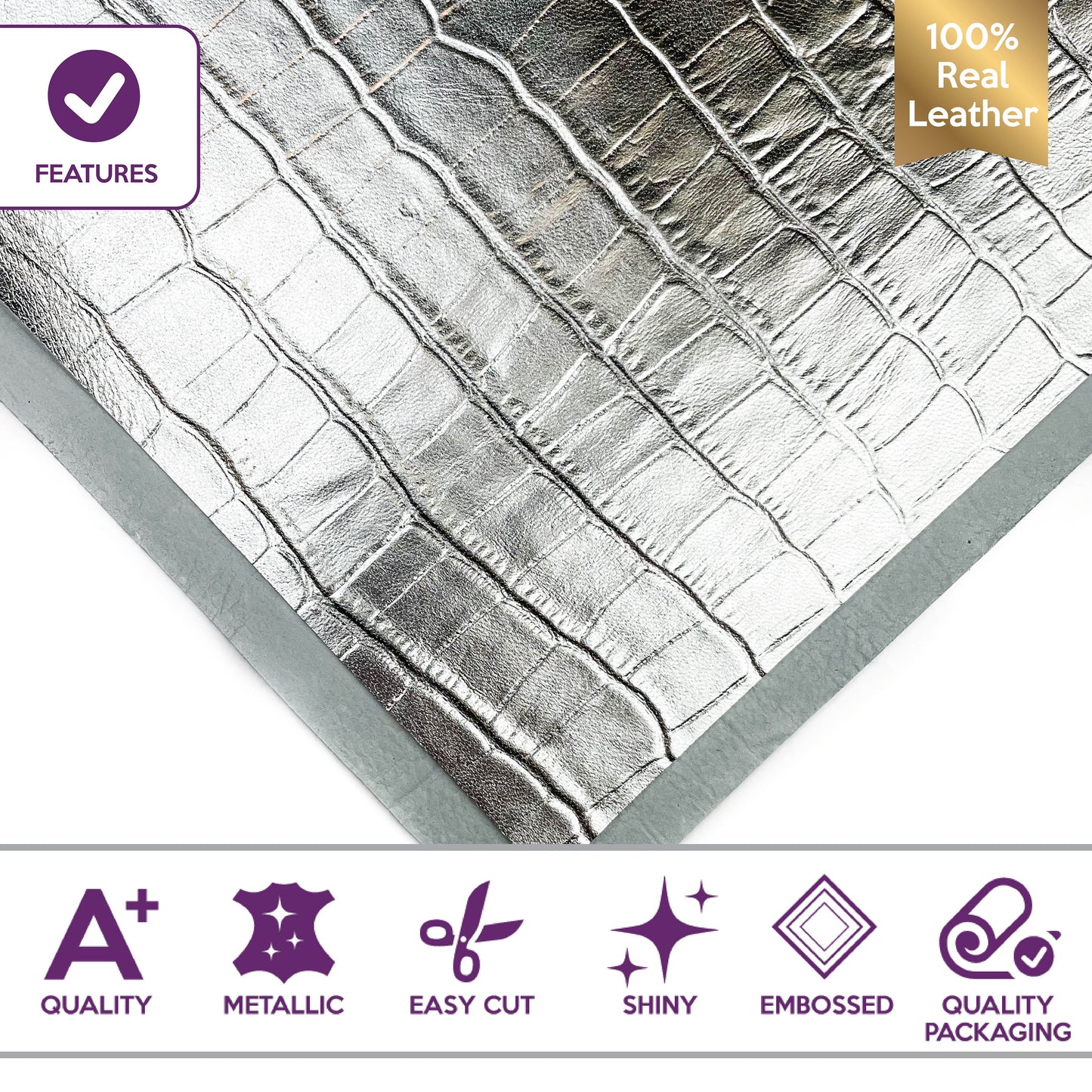 Metallic Silver Lambskin Sheets With Print 2oz/0.8mm / SILVER CROC 1236