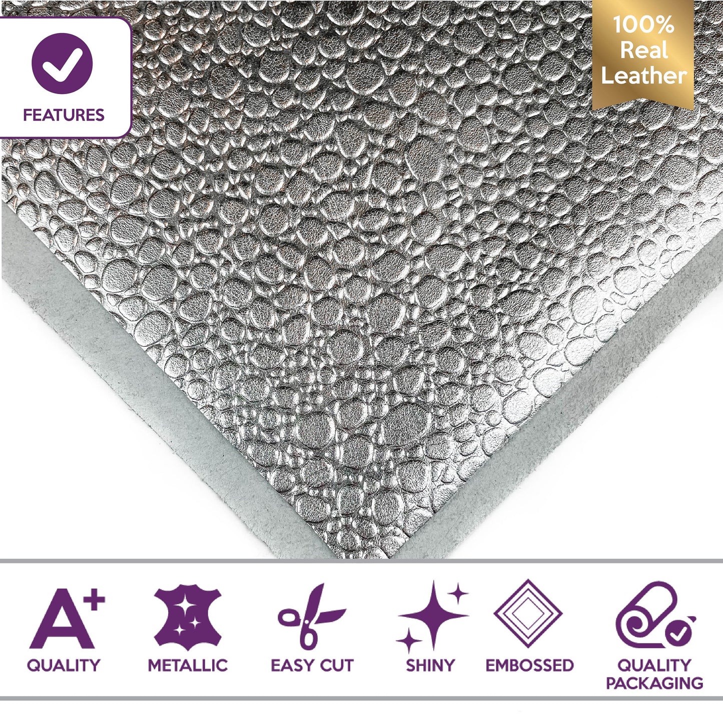 Metallic Silver Lambskin Sheets With Print 1.0mm/2.5oz / SILVER DROPS 1194