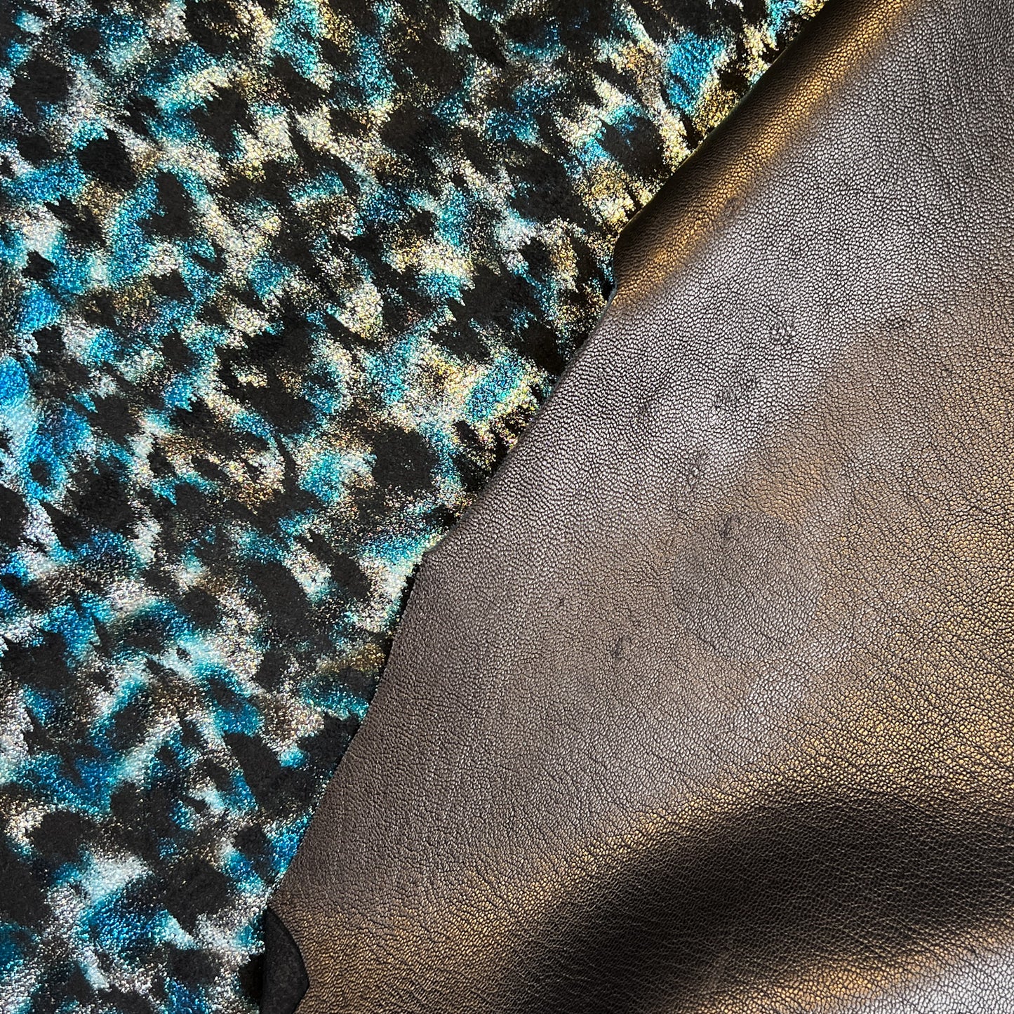 Blue And Silver Shiny Leopard Print on Black Suede Lambskin ~0.8mm/2oz / LEO 1443