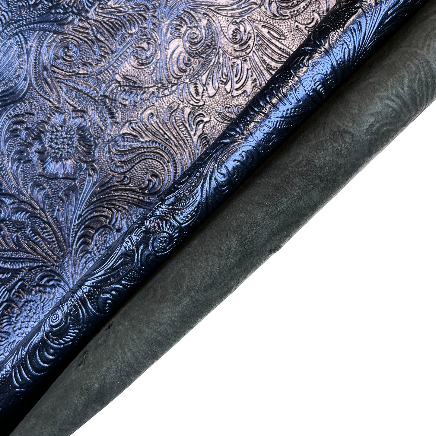 Dark BLUE Metallic Leather With Flower Print / BLUEBERRY FLOWERS 1518