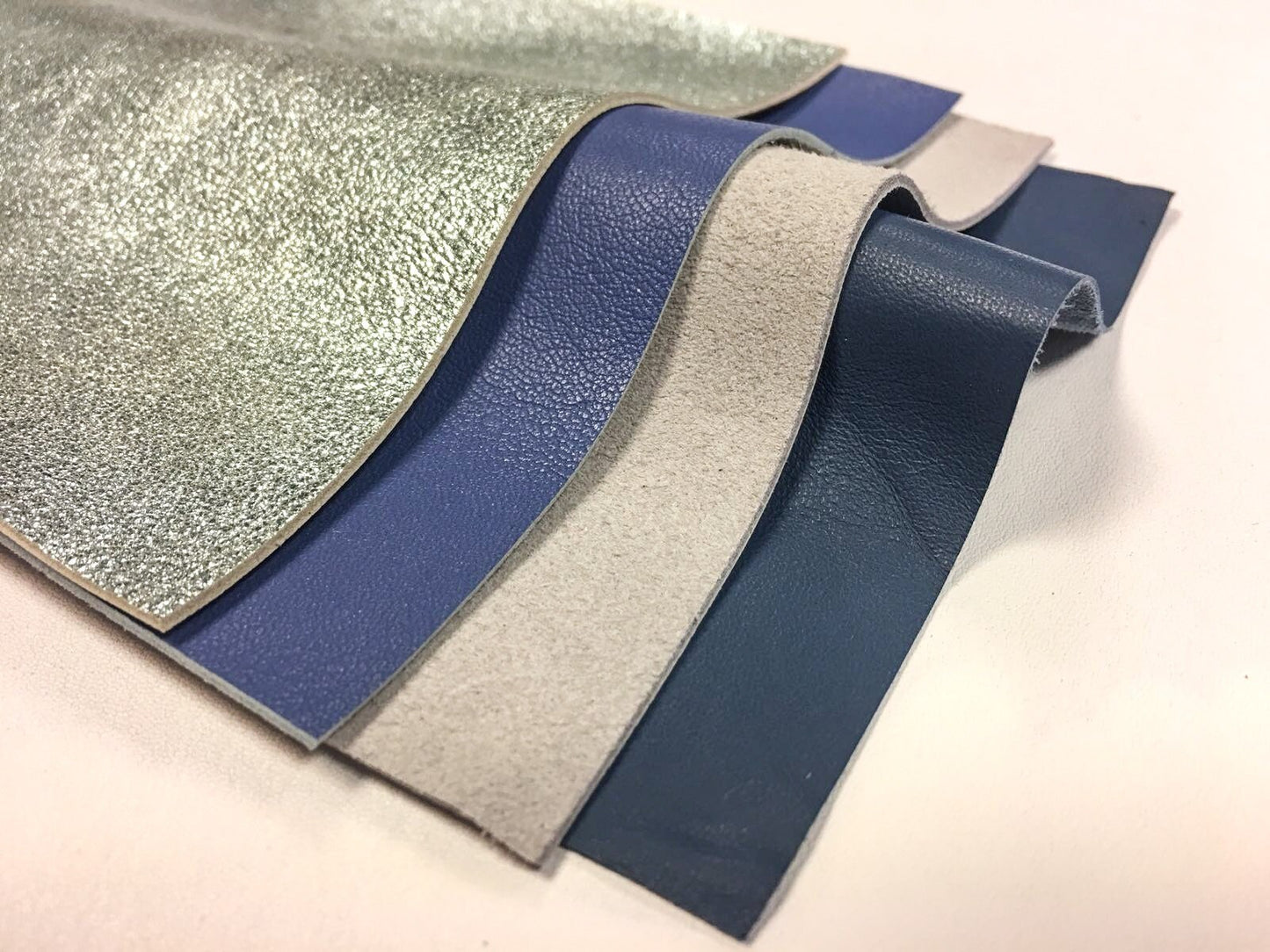 Blue, Gray Mix 5x5in Leather Scrap 4 pcs Meatllic Silver, Sude