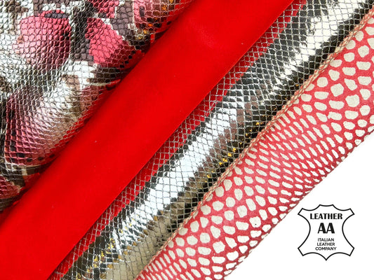 Red Silver Metallic Embossed Snakeskin Lambskin Leather Bundle Of 4 Hides