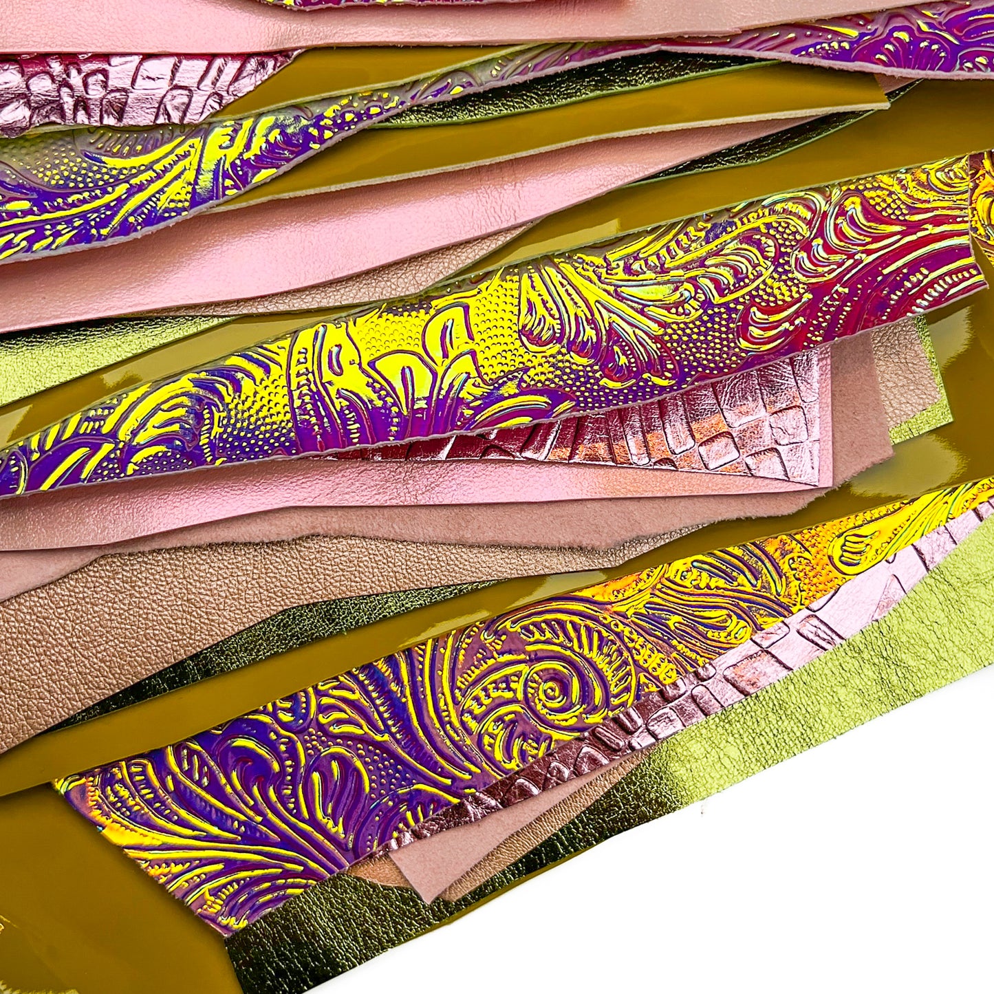 Rose Gold 3D Holographic Metallic Flower Print Leather Scraps All Size Pre-cut DIY Sample Mix
