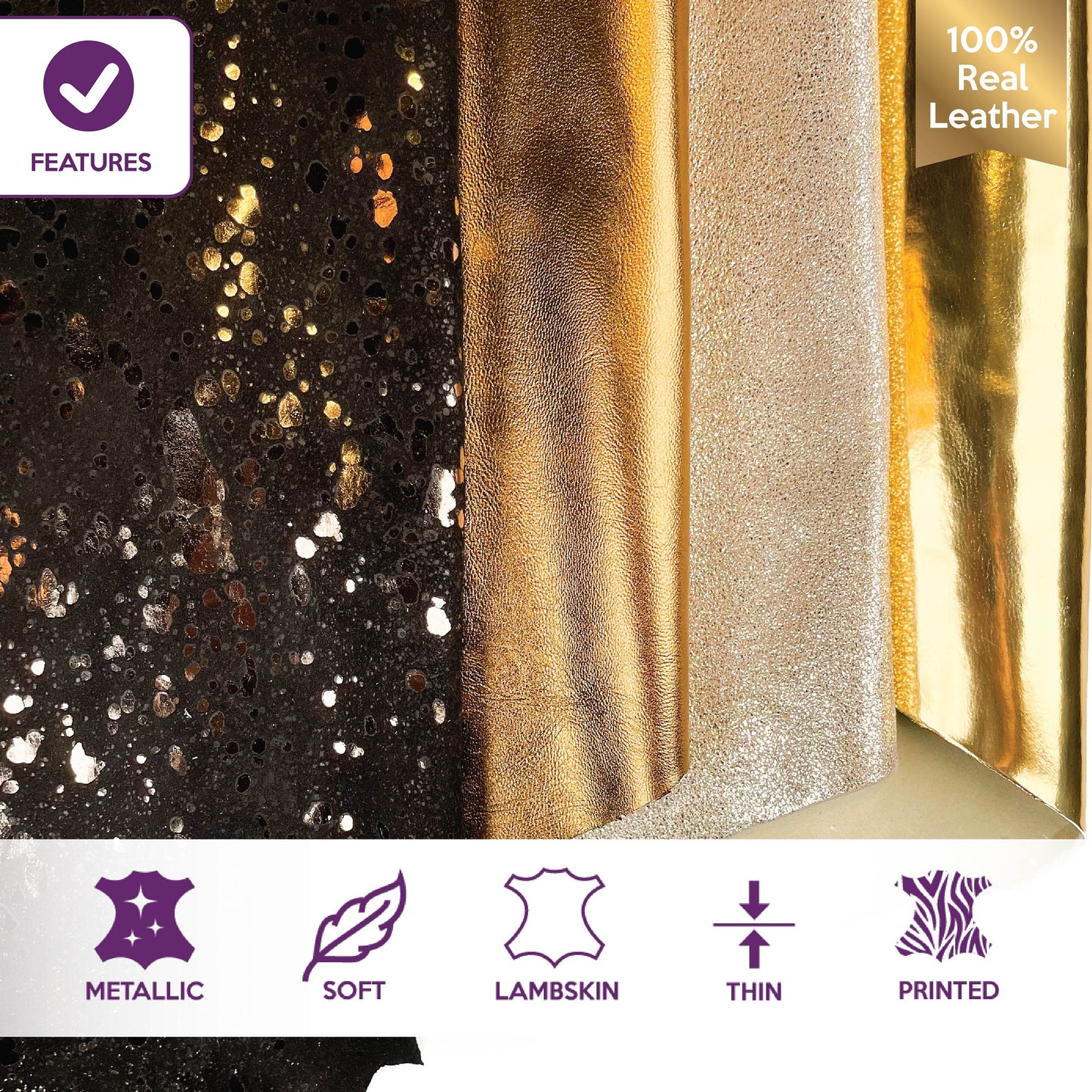 Black Metallic Gold Bronze Lambskin Bundle of 4 Hides 0.9-1.1mm / 2.25 - 2.75oz