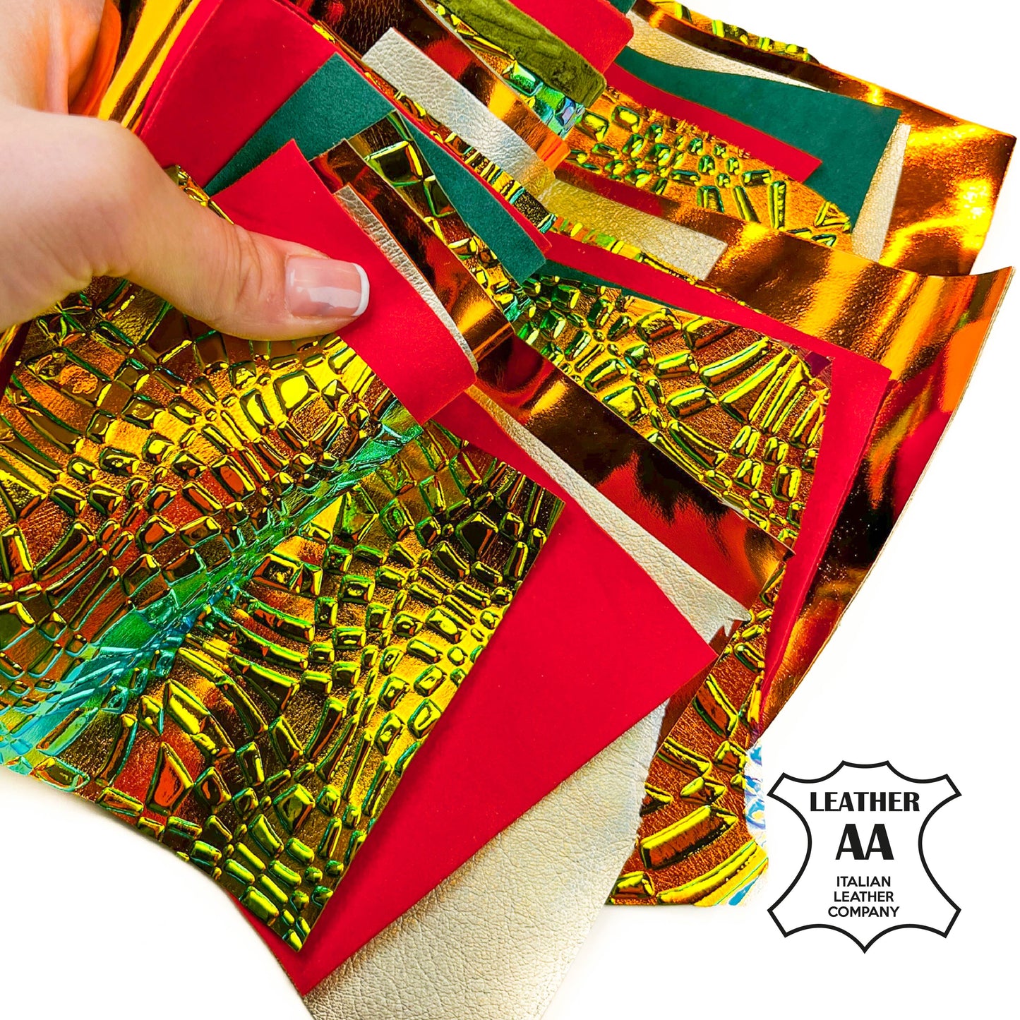 Bright Dark 3D Holographic Orange Red Green Gold Bronze Suede Leather Scraps All Size Pre-cut DIY Sample Mix