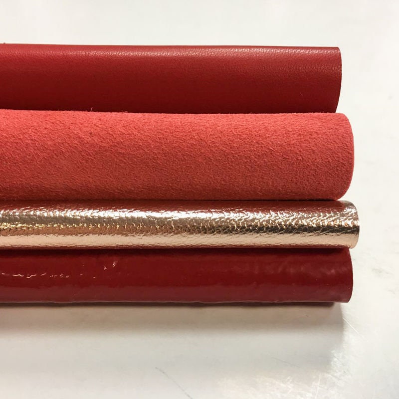 Red & Rose Gold Leather Mix 5x5in Sheets Four Real Pieces