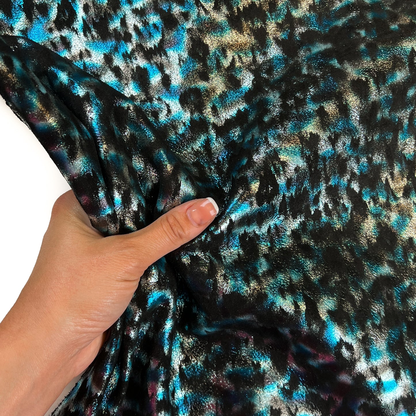 Blue And Silver Shiny Leopard Print on Black Suede Lambskin ~0.8mm/2oz / LEO 1443