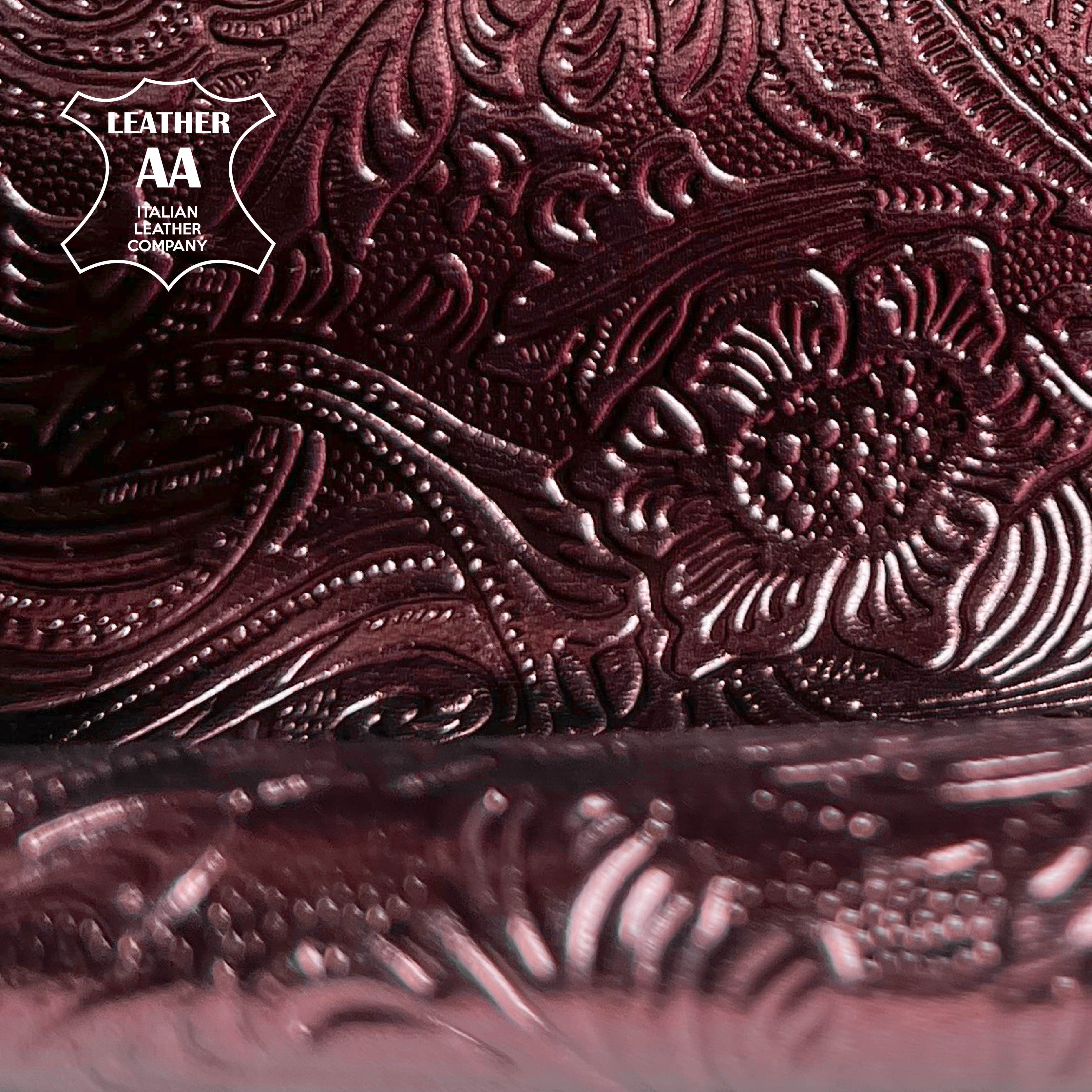 Metallic Dark Burgundy Lambskin With Print 0.7-0.8mm/1.75-2oz BURGUNDY FLOWERS 1521