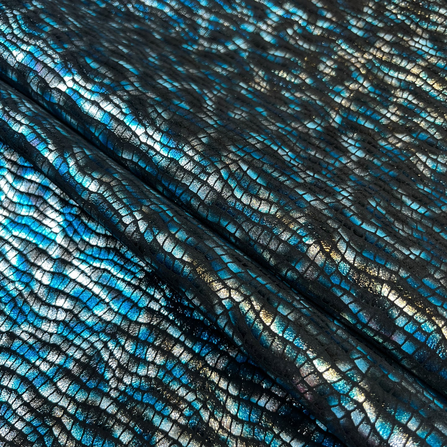 Blue And Silver Shiny Fish Print on Black Suede Lambskin ~0.8mm/2oz / FISH 1443