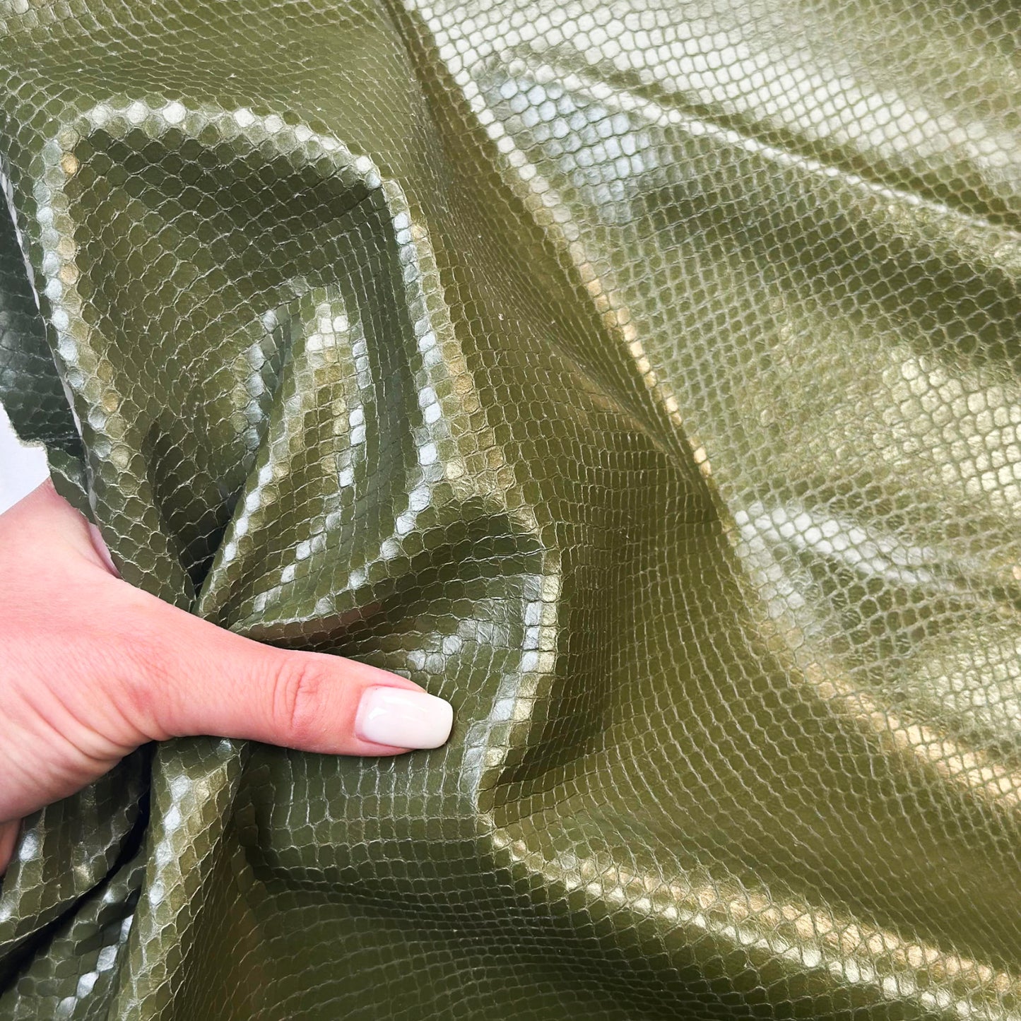 Olive Green Lambskin Leather With Embossed Snakeskin Print 0.7mm/1.75oz OLIVE SNAKE 1595