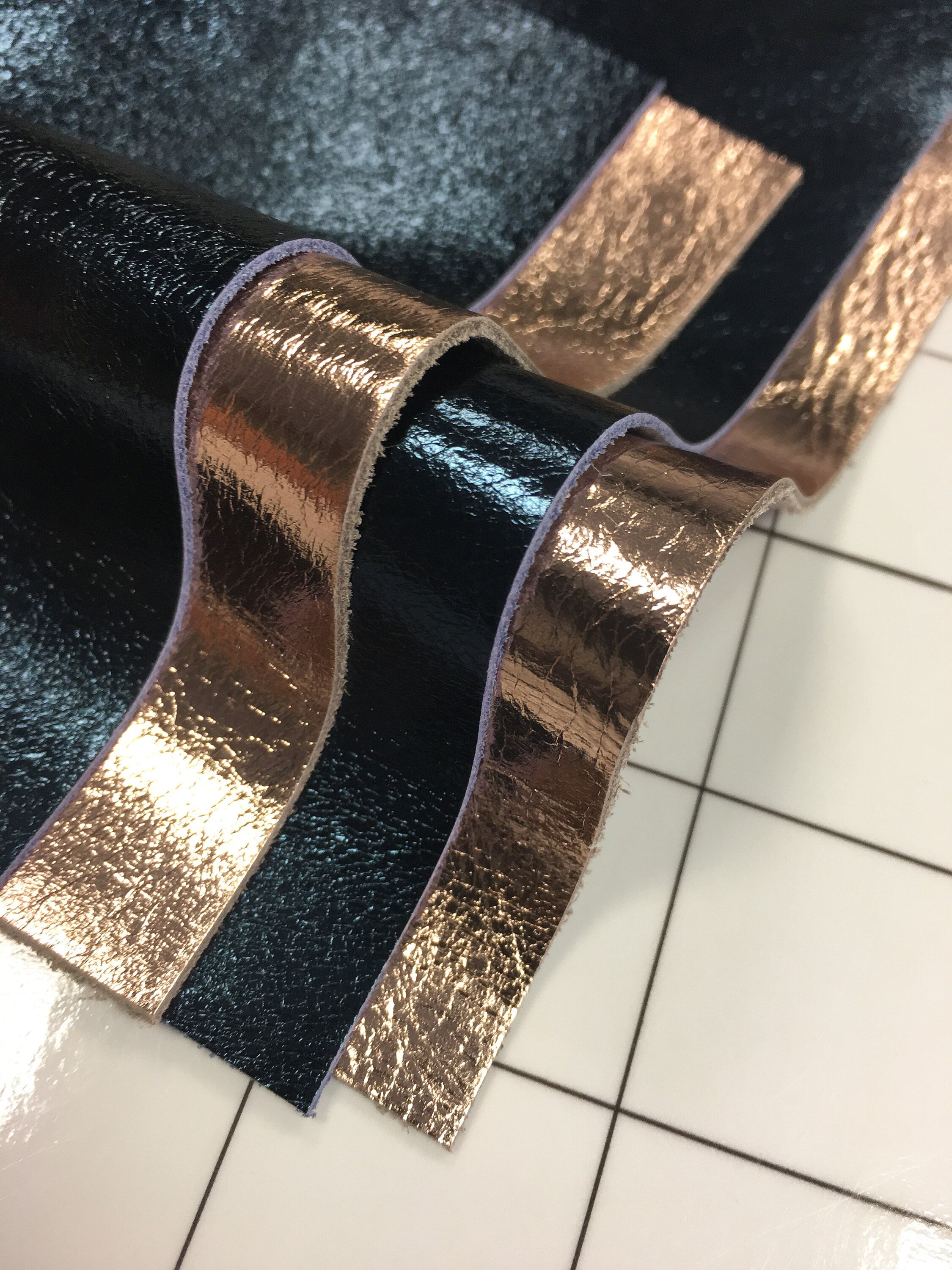 Rose Gold and Teal Metallic Lambskin 5x5inch Scraps 4 Shiny Pieces