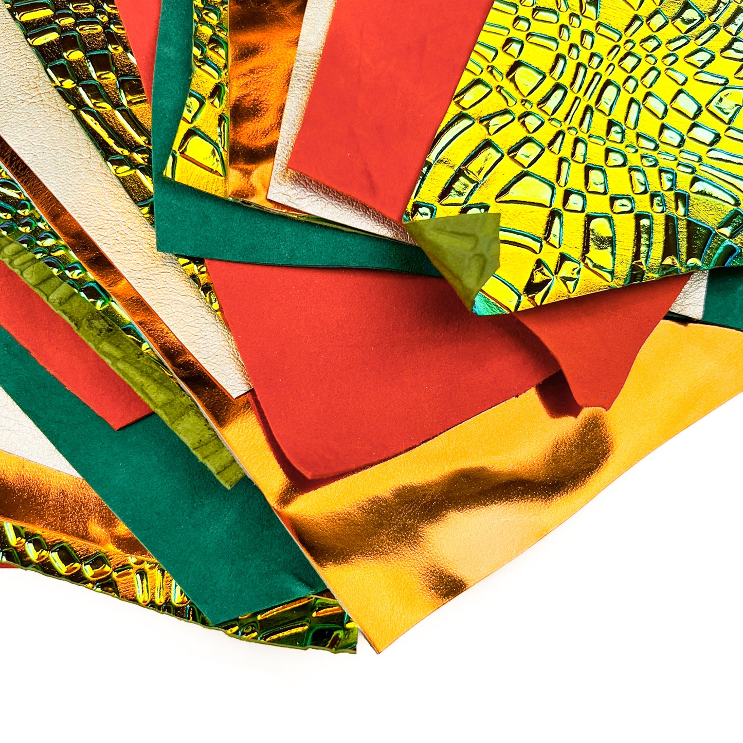 Bright Dark 3D Holographic Orange Red Green Gold Bronze Suede Leather Scraps All Size Pre-cut DIY Sample Mix