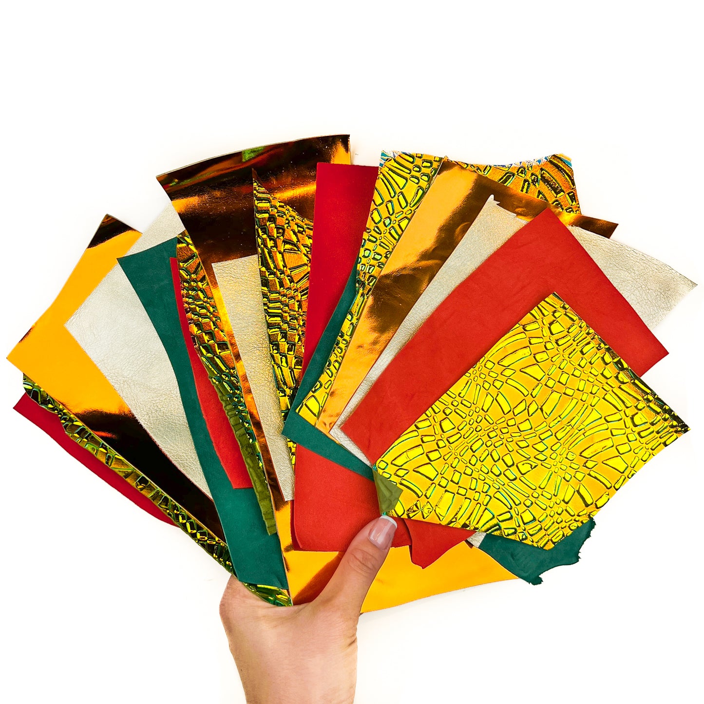 Bright Dark 3D Holographic Orange Red Green Gold Bronze Suede Leather Scraps All Size Pre-cut DIY Sample Mix