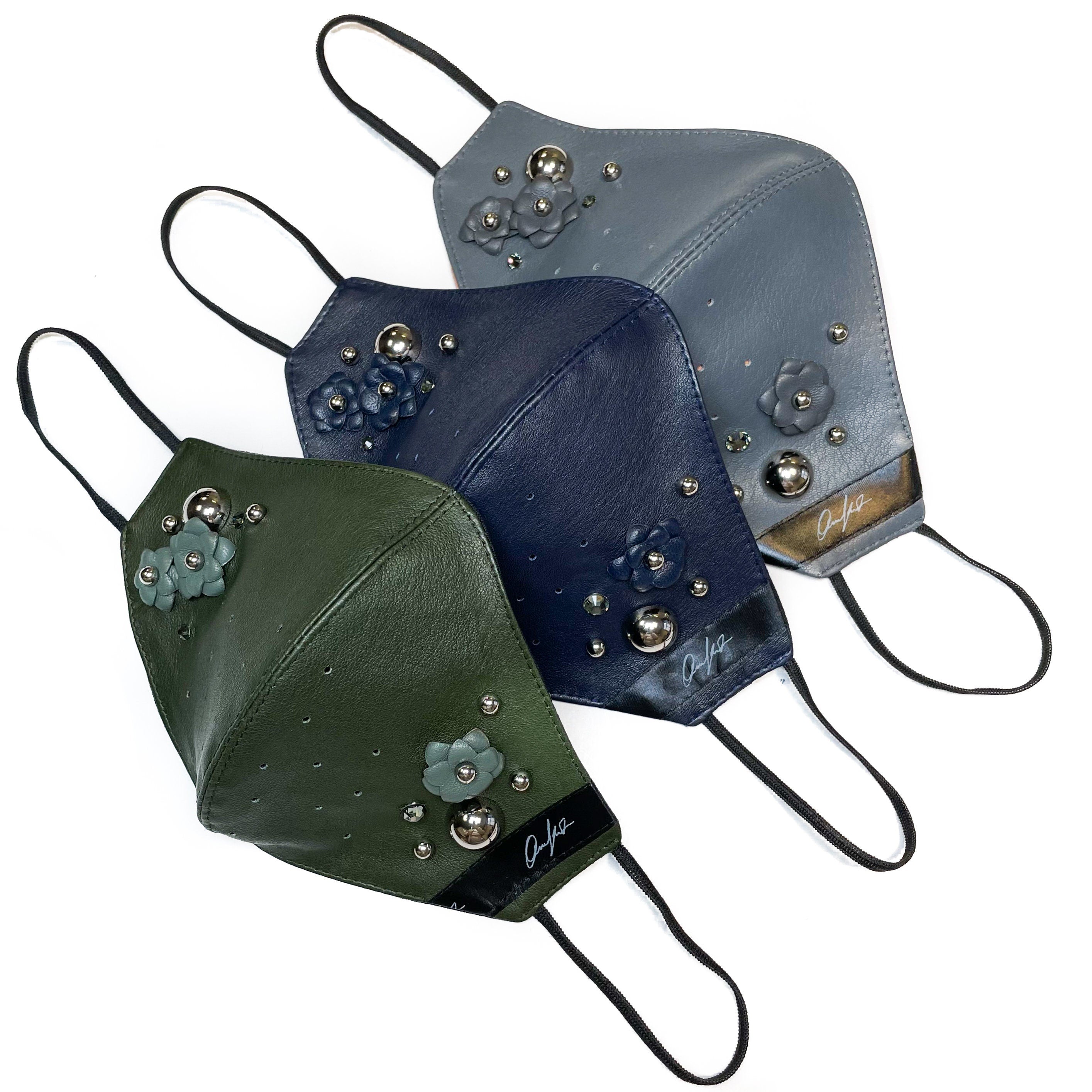Italian Stretch Leather Face Protection Mask 3-layer Protection Handmade Flowers Swarovski Crystals