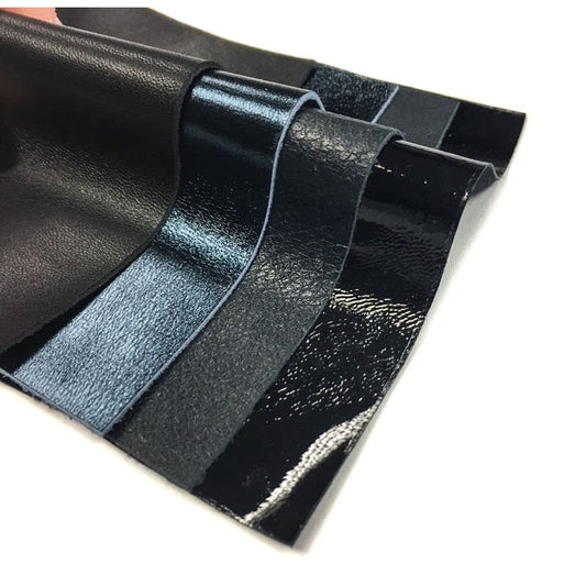 Black And Blue Lambskin Leather Scraps 5x5in Plain Black, Metallic, Patent