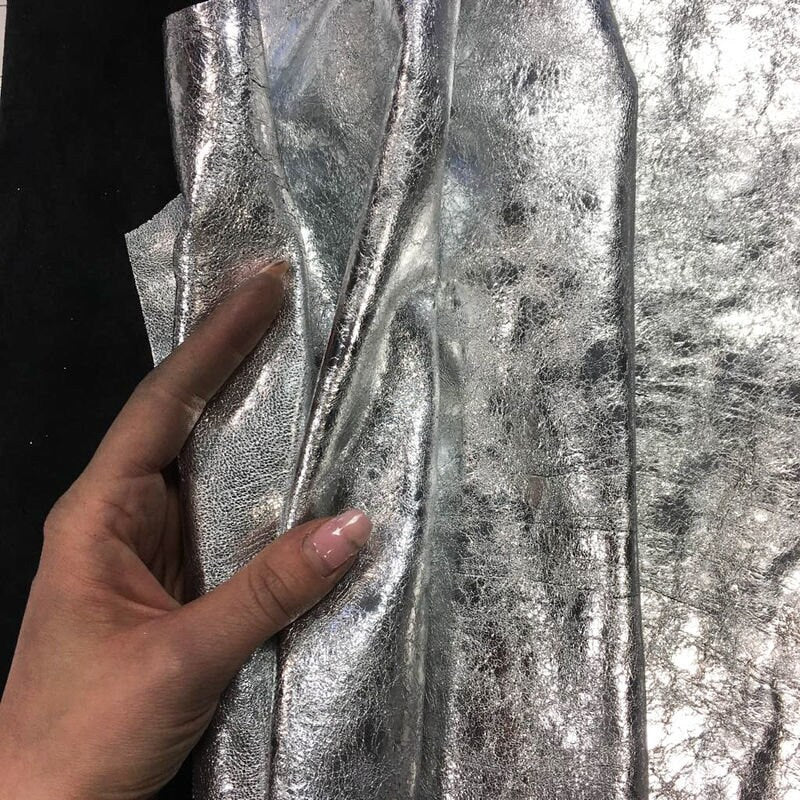 SILVER leather fabric metallic Genuine Sheep skin sheets for sewing CRUNCHY SILVER 709, 2.25 oz Thin Natural Leather pieces Silver Leather