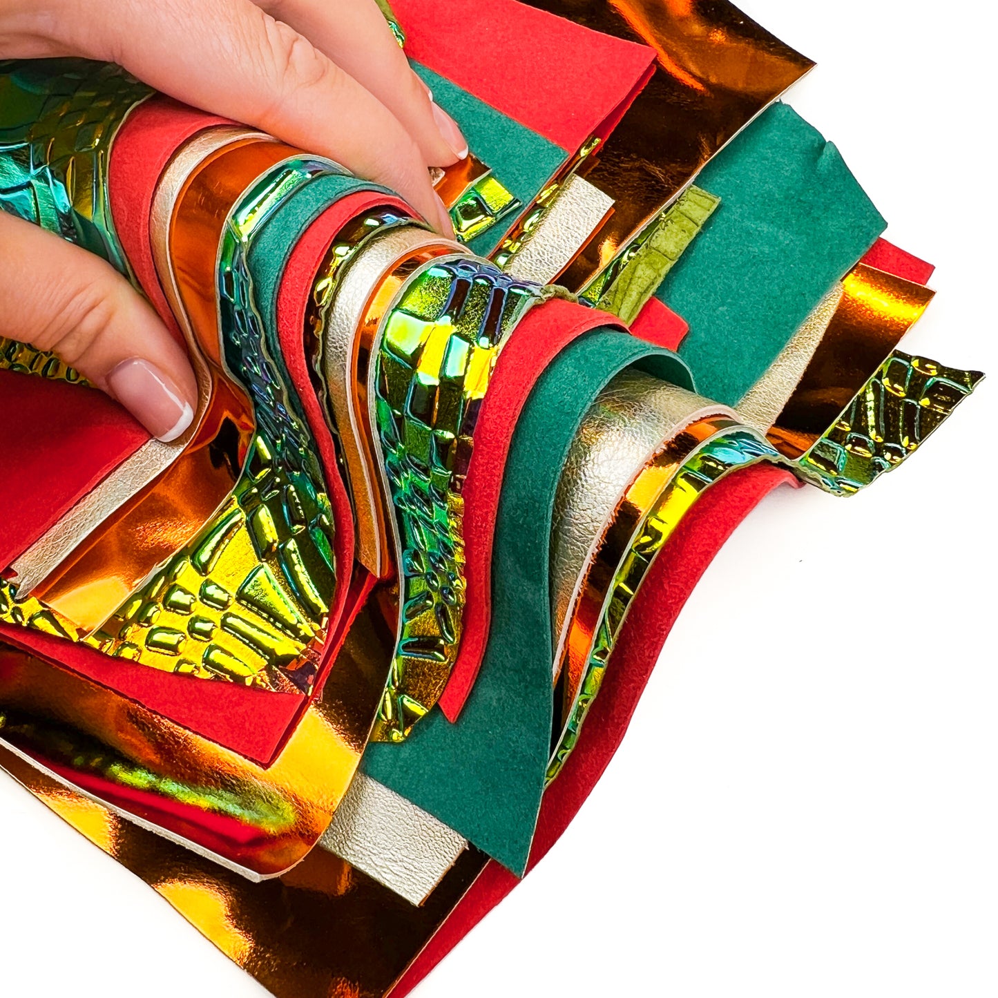 Bright Dark 3D Holographic Orange Red Green Gold Bronze Suede Leather Scraps All Size Pre-cut DIY Sample Mix