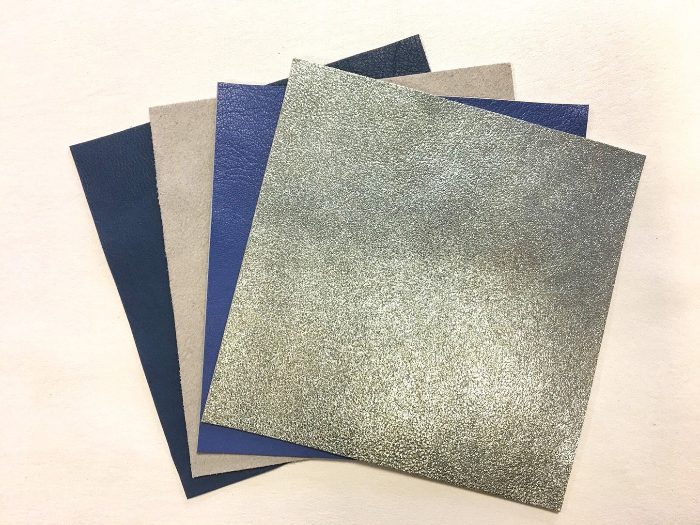 Blue, Gray Mix 5x5in Leather Scrap 4 pcs Meatllic Silver, Sude