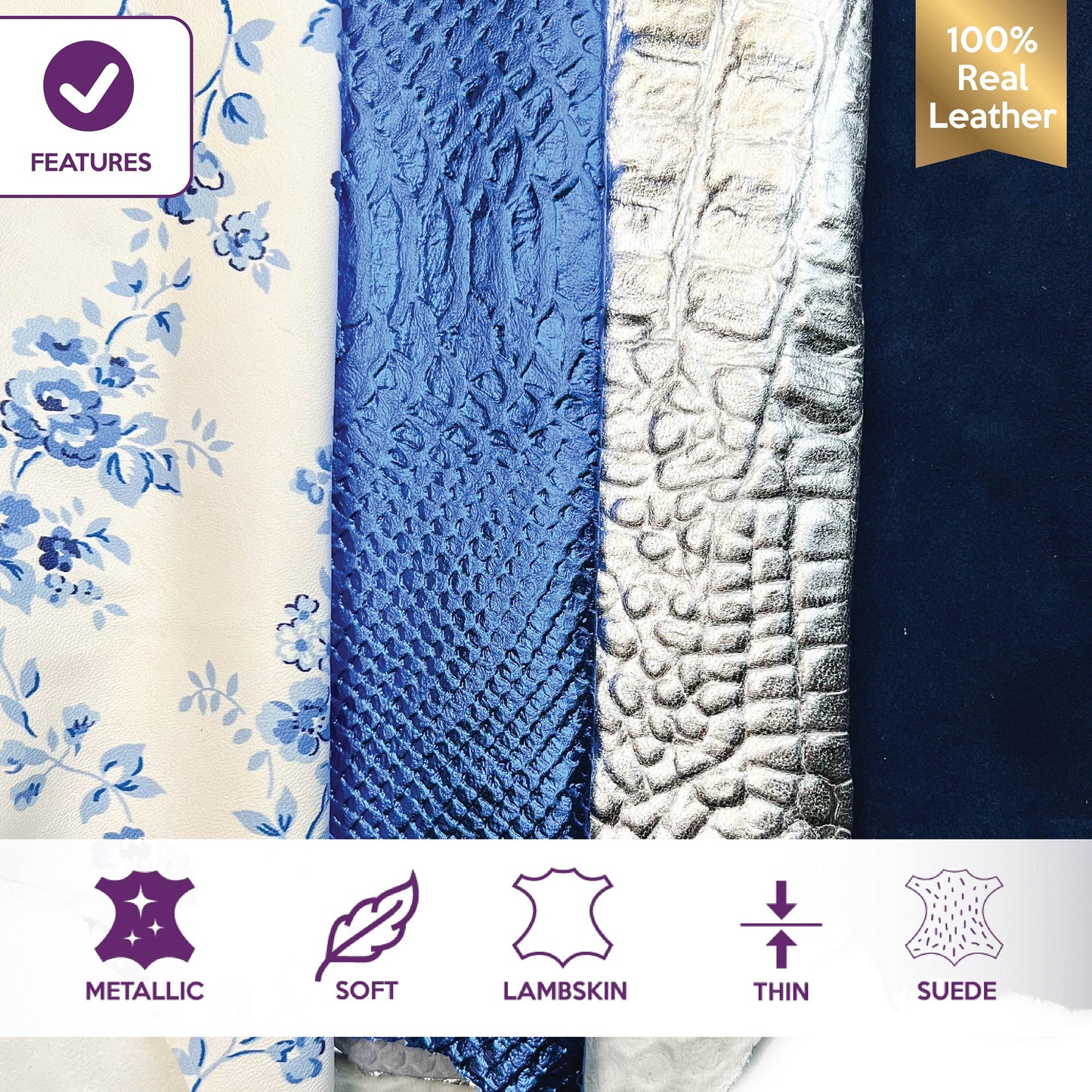 Blue Flower Metallic Animal LambskinPrint Suede Skins BUNDLE of 4