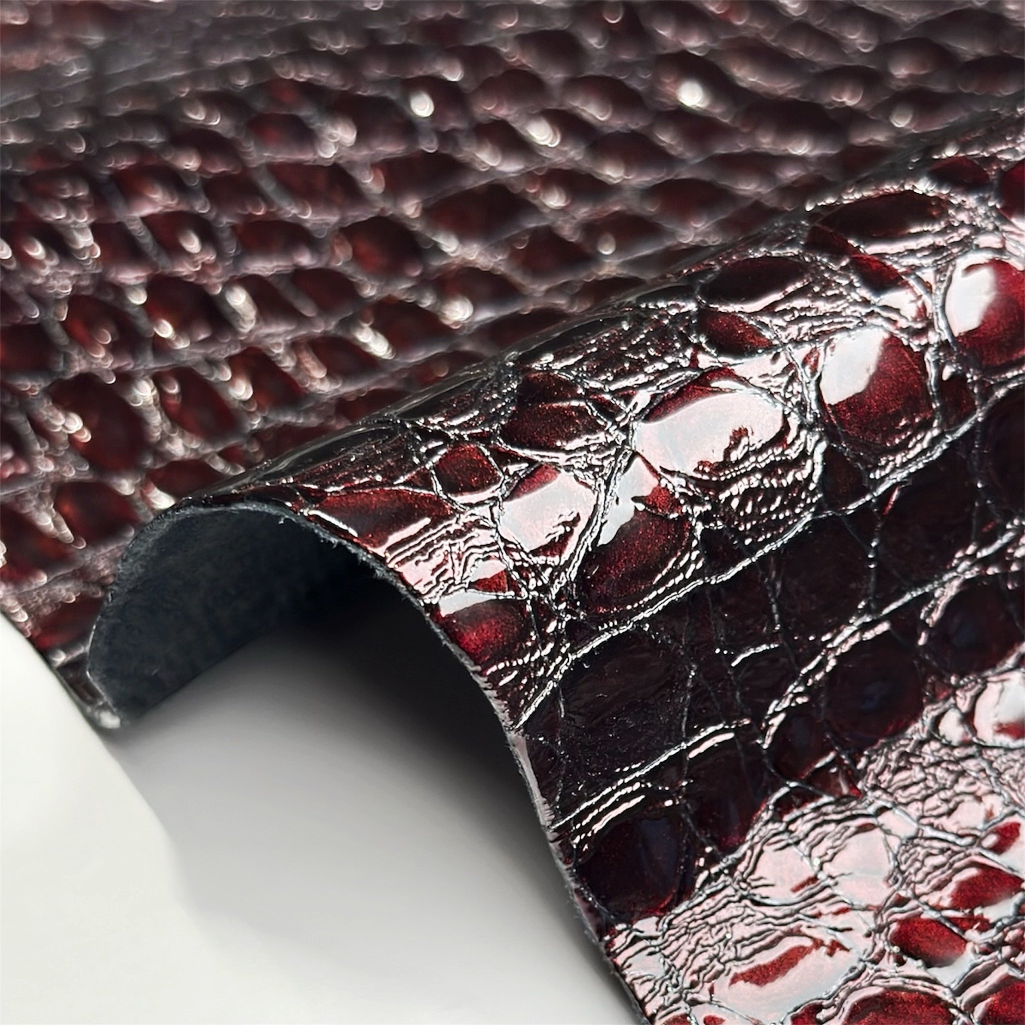 Dark Red Patent Leather With Embossed Crocodile Print 1.2-1.3mm/3-.3.25oz Croco 1544