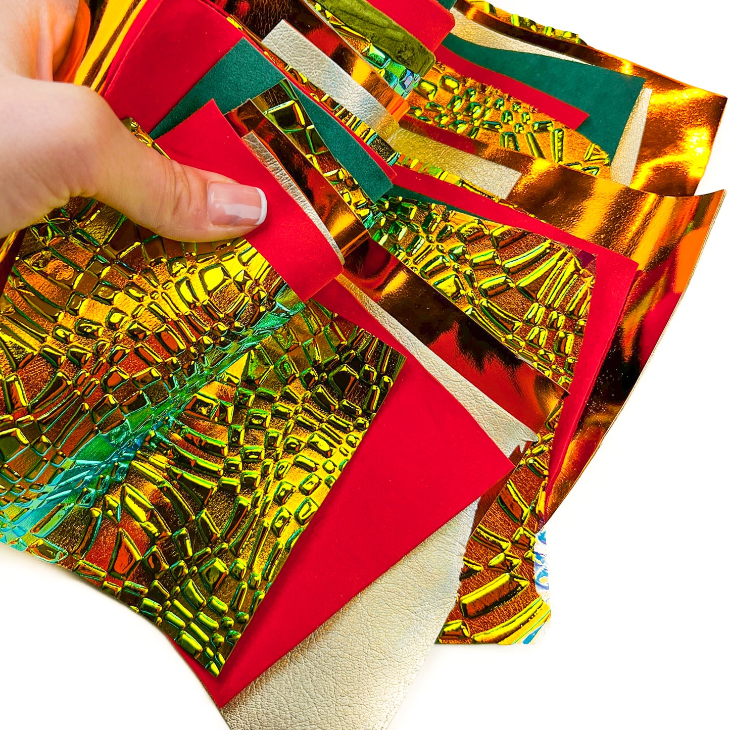 Bright Dark 3D Holographic Orange Red Green Gold Bronze Suede Leather Scraps All Size Pre-cut DIY Sample Mix