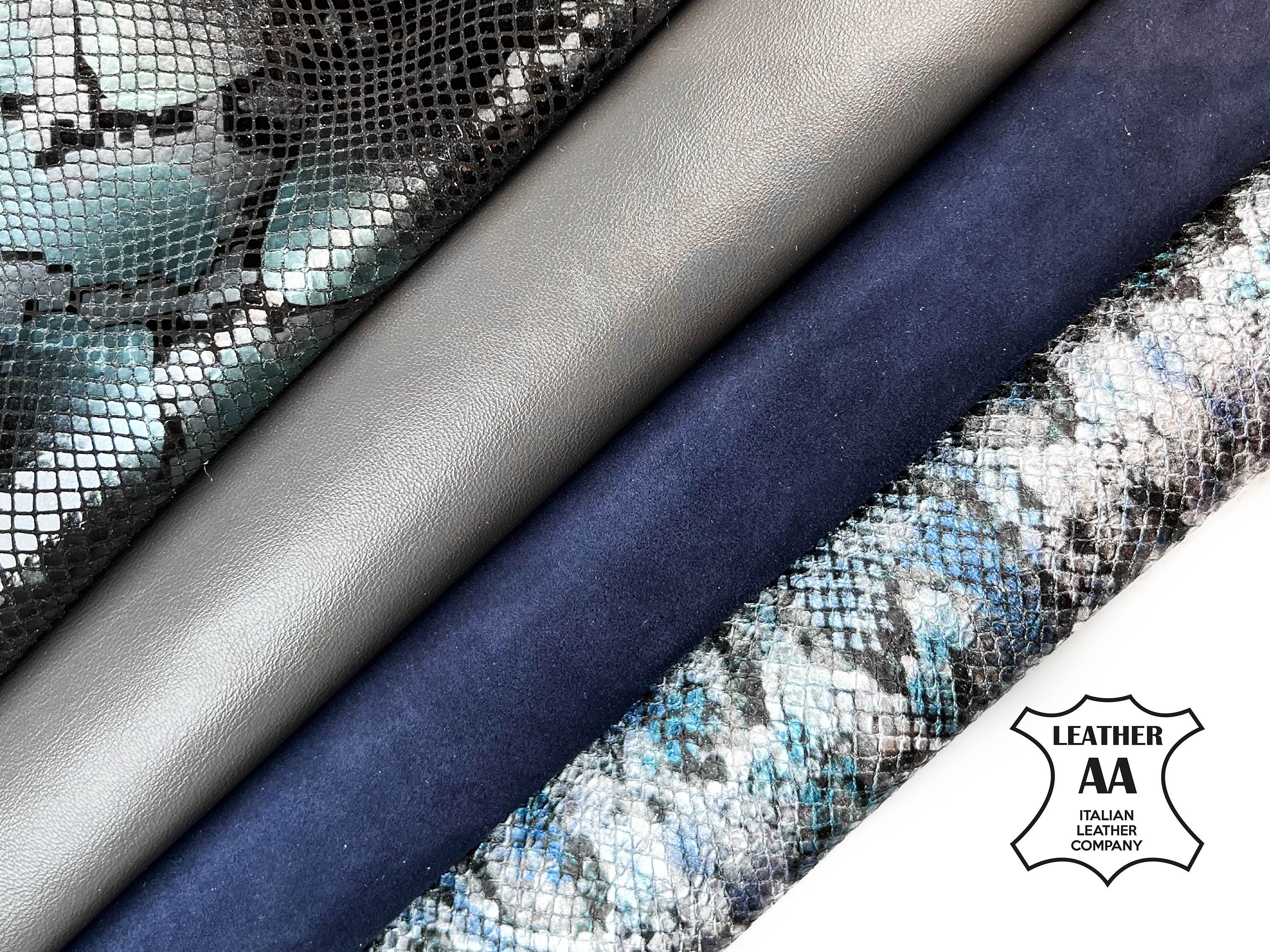 Blue Suede Lambskin Metallic Prints Gray Lambskin Italian Leather BUNDLE of 4 Hides 0.7-1.1mm/1.75 - 2.75oz