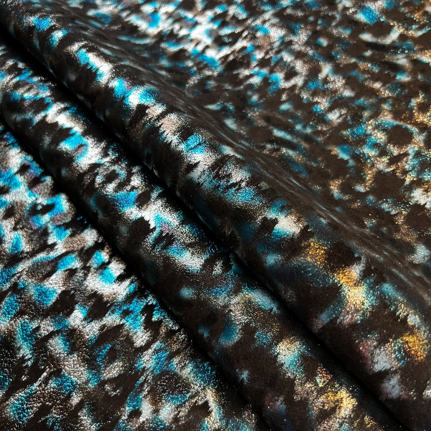 Blue And Silver Shiny Leopard Print on Black Suede Lambskin  ~0.8mm/2oz / LEO 1443