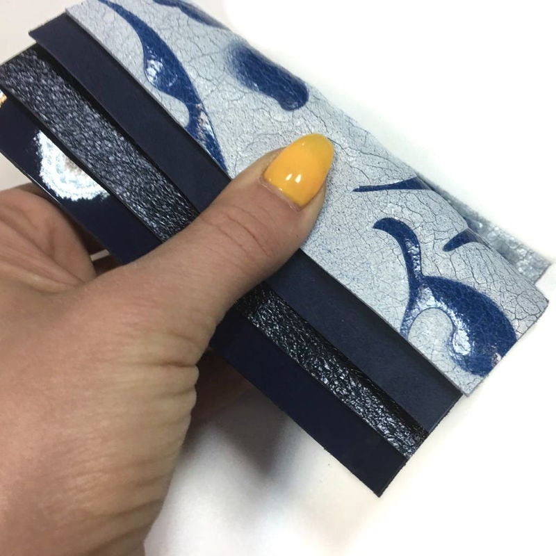 Blue Tales 4 pcs - Blue Patent, Metallic, Print, Suede 5x5in Leather Scraps