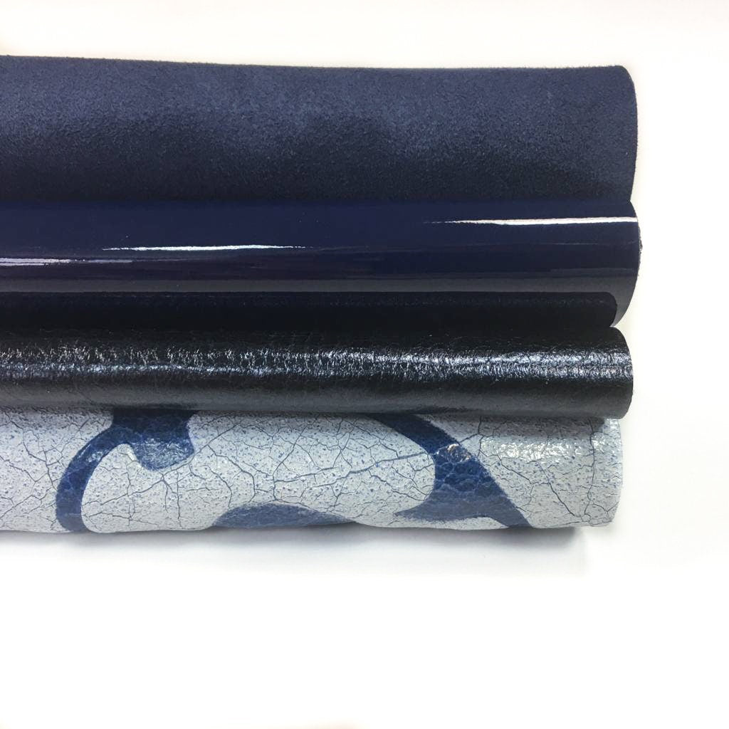 Blue Tales 4 pcs - Blue Patent, Metallic, Print, Suede 5x5in Leather Scraps