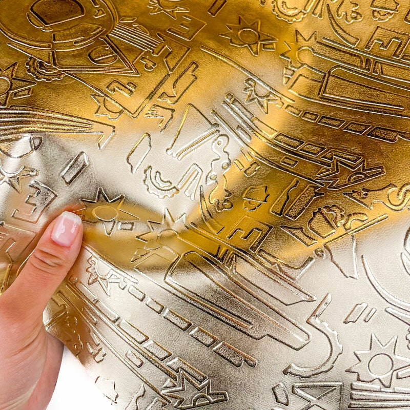 Gold Metallic Leather Hides With Egyptian Hieroglyphs 0.7mm/1.75oz / GOLDEN GALAXY 1354