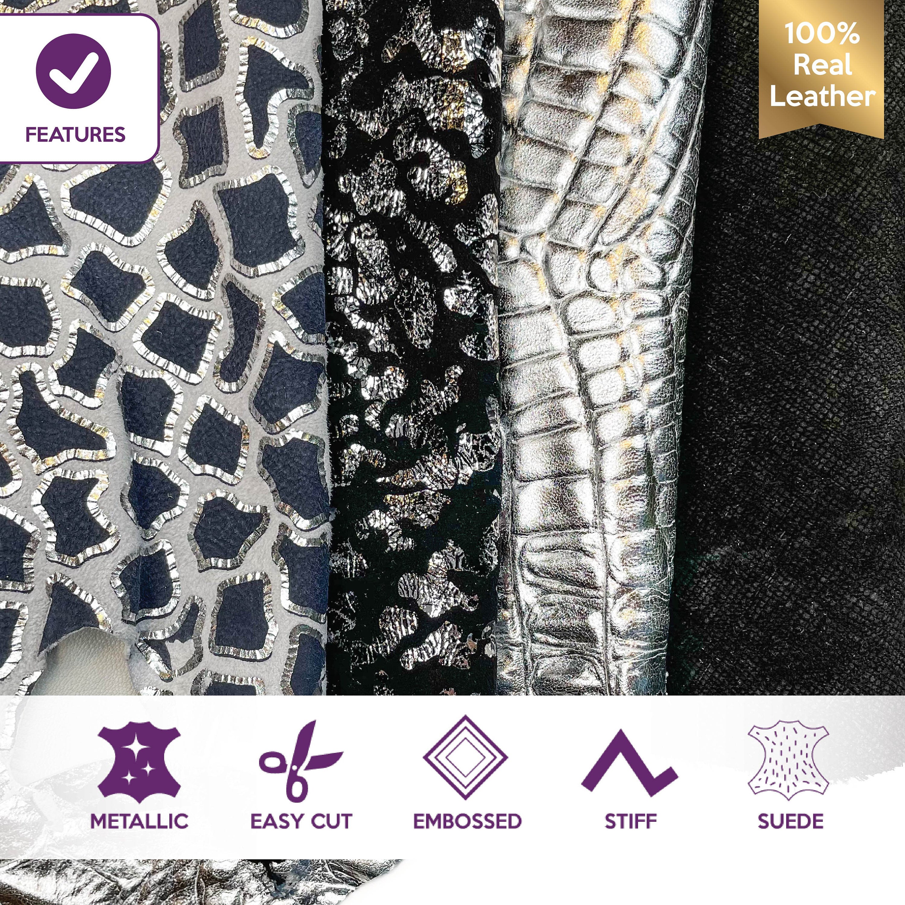 Classic Silver Black Metallic Embossed Animal Print Lambskin Bundle 4 Italian Skins 0.6-1.3mm/1.5-3.25oz