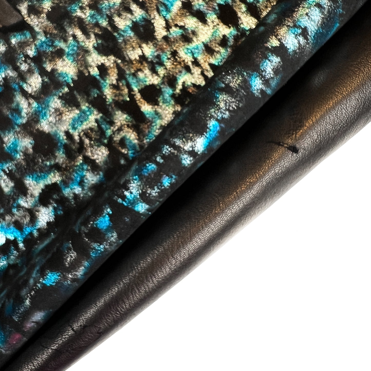 Blue And Silver Shiny Leopard Print on Black Suede Lambskin  ~0.8mm/2oz / LEO 1443