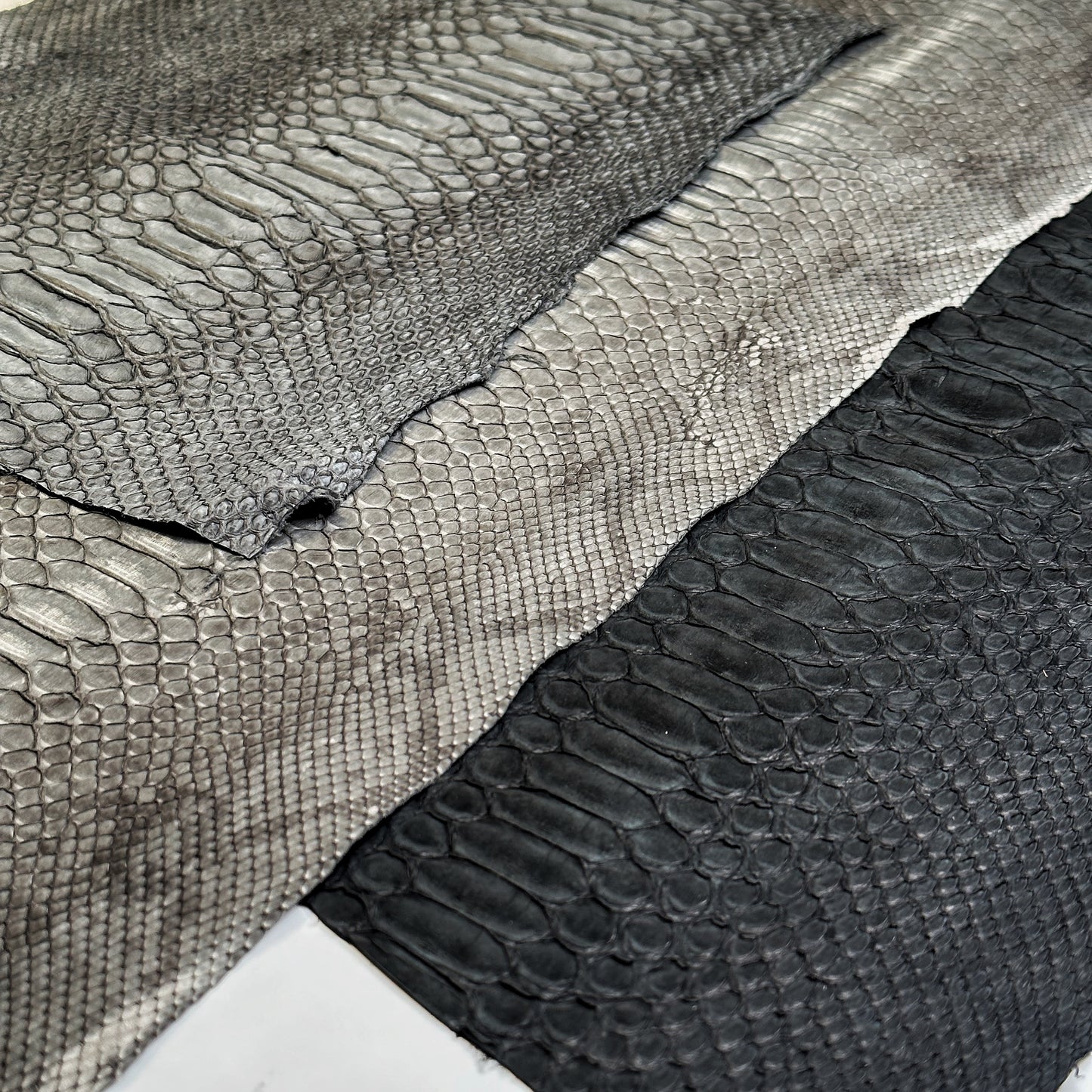 Real Python Leather Scraps 80gr // 2.4oz Mix Of 3 Pieces Taupe, Black, Gray Remnants