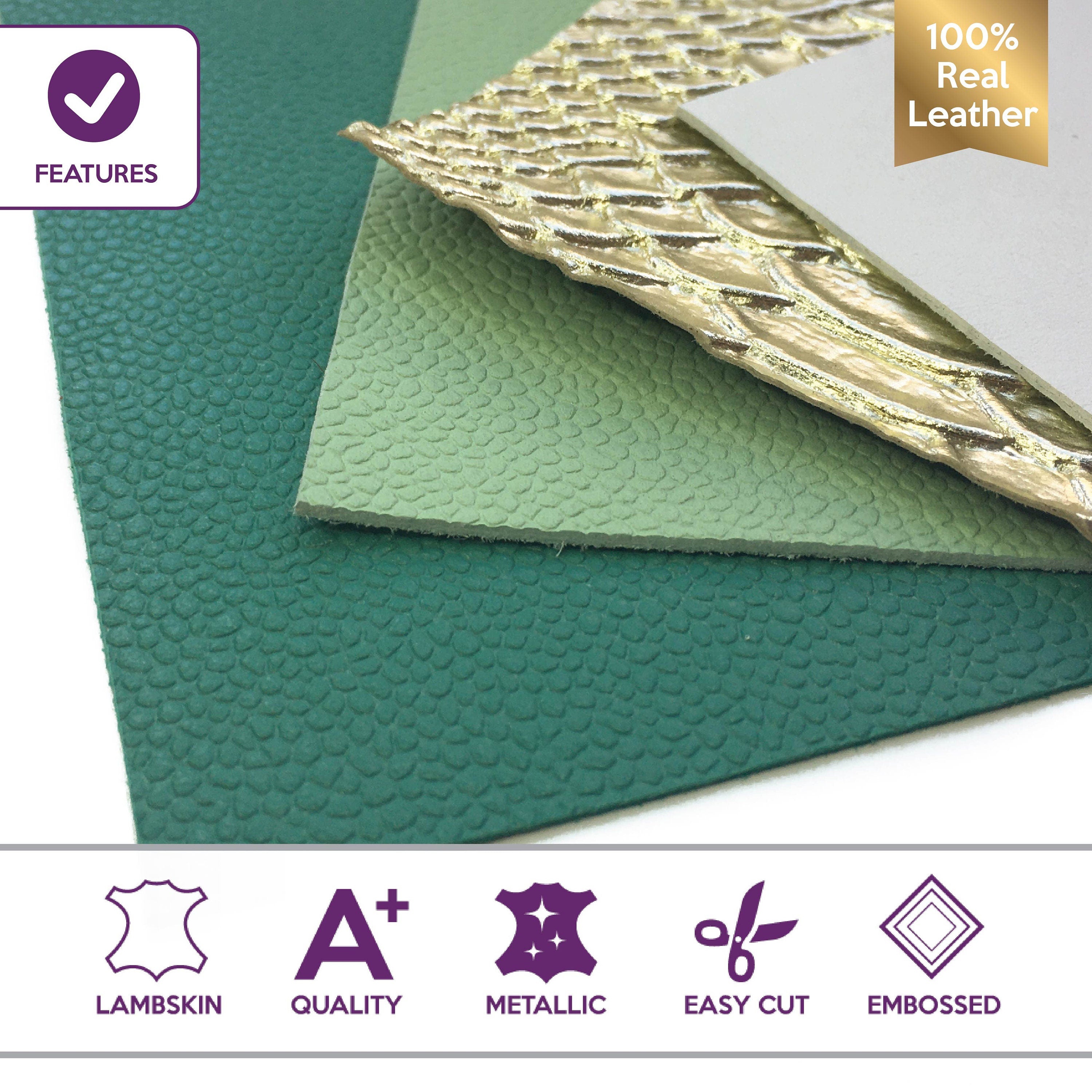 Green Pebbled 5x5in Leather Scraps - Green, White, Gold Snake 4 pcs