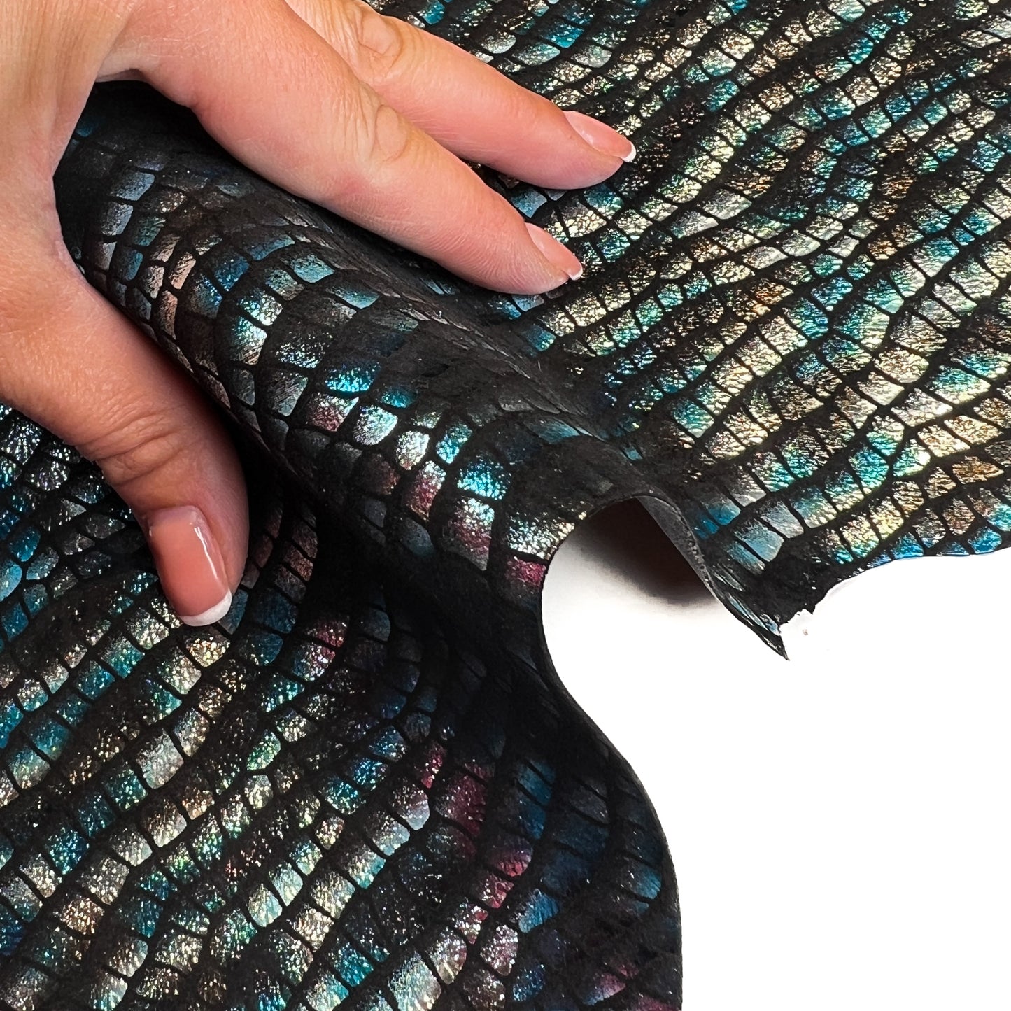 Blue And Silver Shiny Fish Print on Black Suede Lambskin ~0.8mm/2oz / FISH 1443