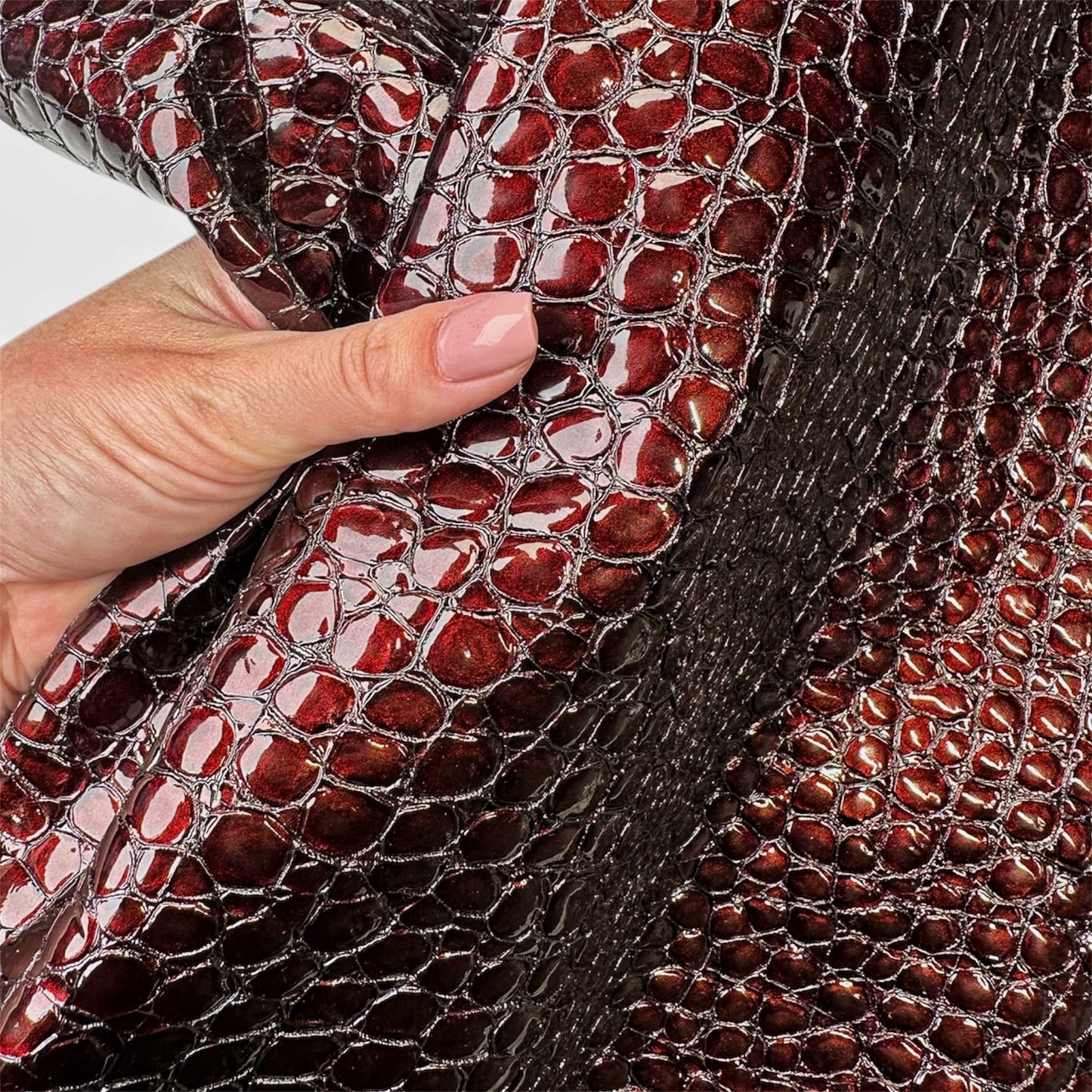 Dark Red Patent Leather With Embossed Crocodile Print 1.2-1.3mm/3-.3.25oz Croco 1544