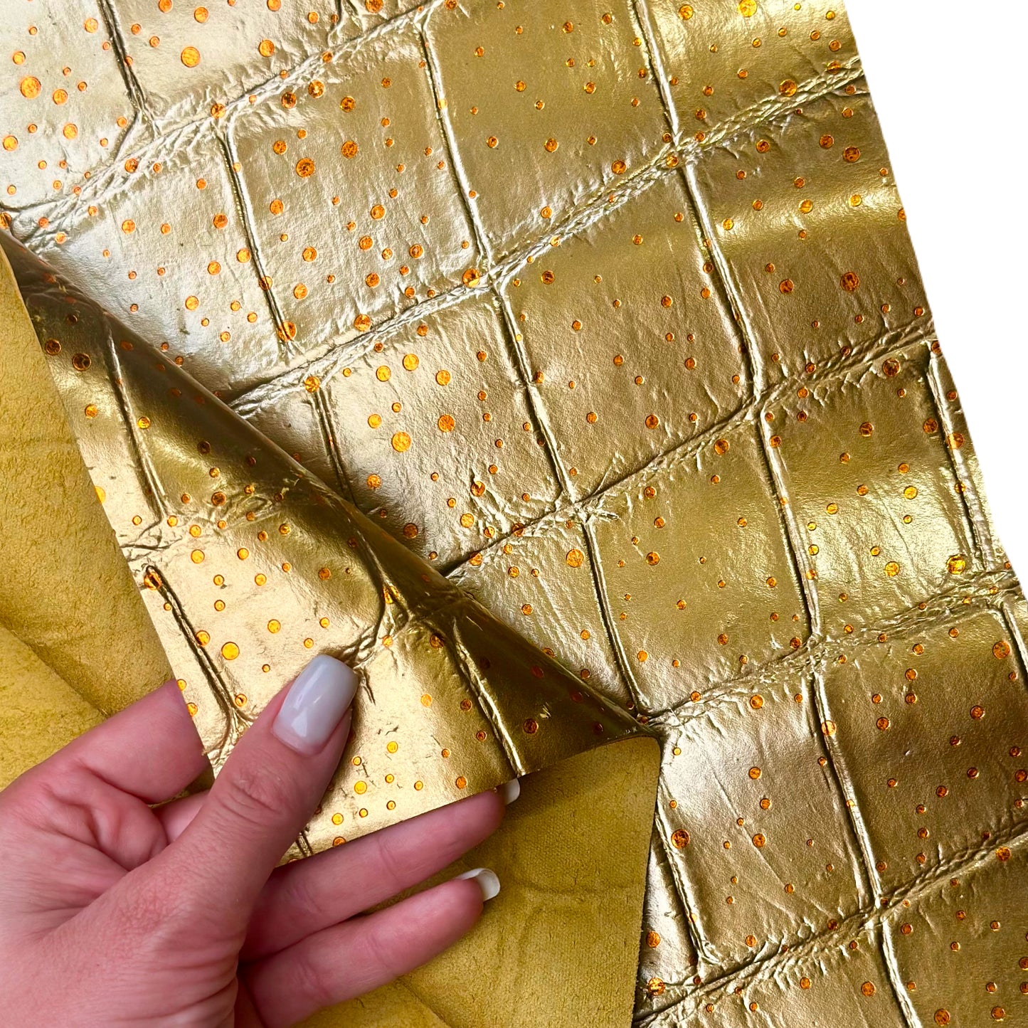 Gold Metallic Lambskin Leather Sheet With Water-Drop Dots Crocodile Texture 1670