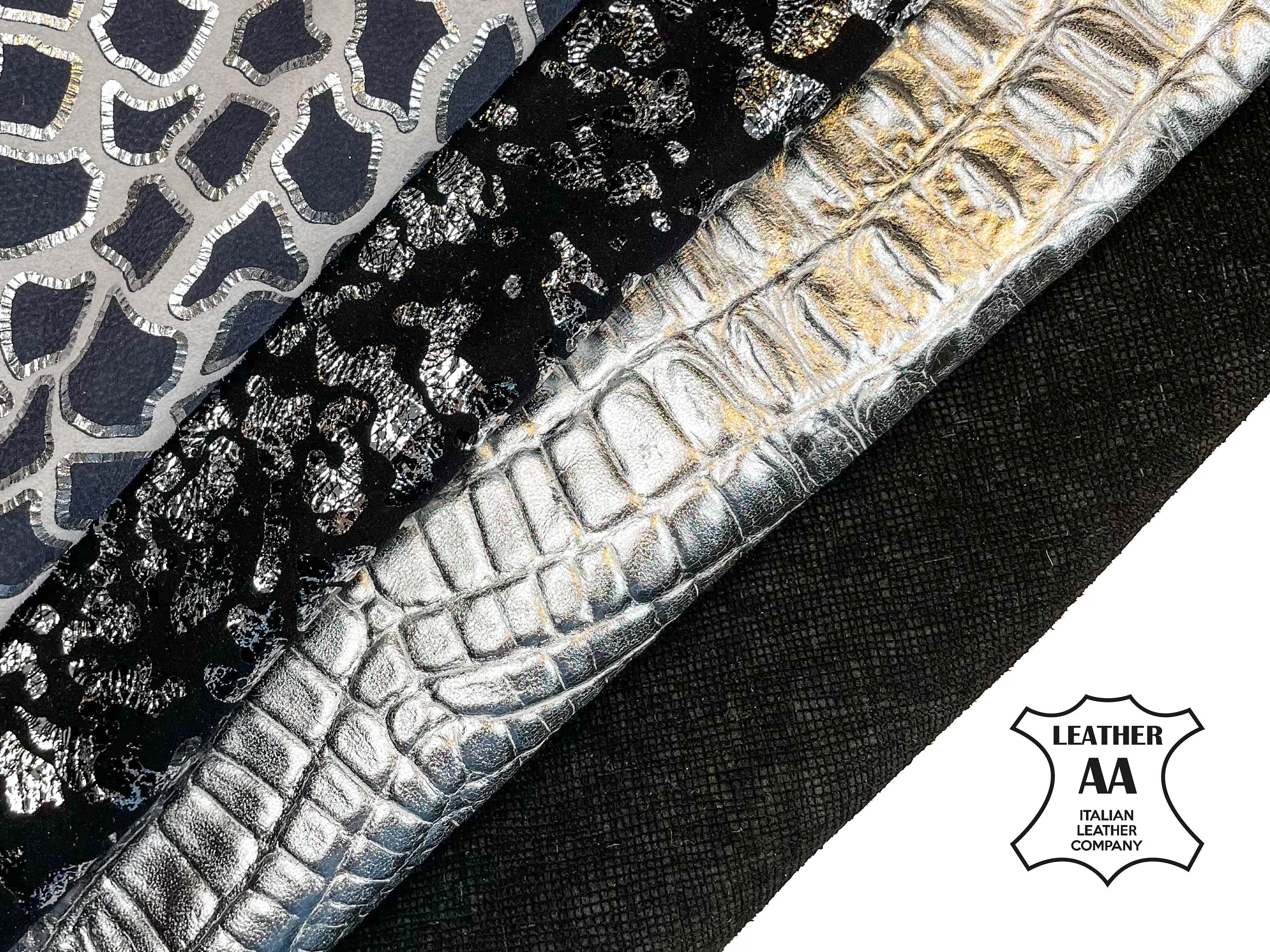 Classic Silver Black Metallic Embossed Animal Print Lambskin Bundle 4 Italian Skins 0.6-1.3mm/1.5-3.25oz
