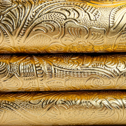 Matte Gold Metallic Lambskin Hides With Flower Print GOLD FLOWERS 1468 0.9mm/2.25oz